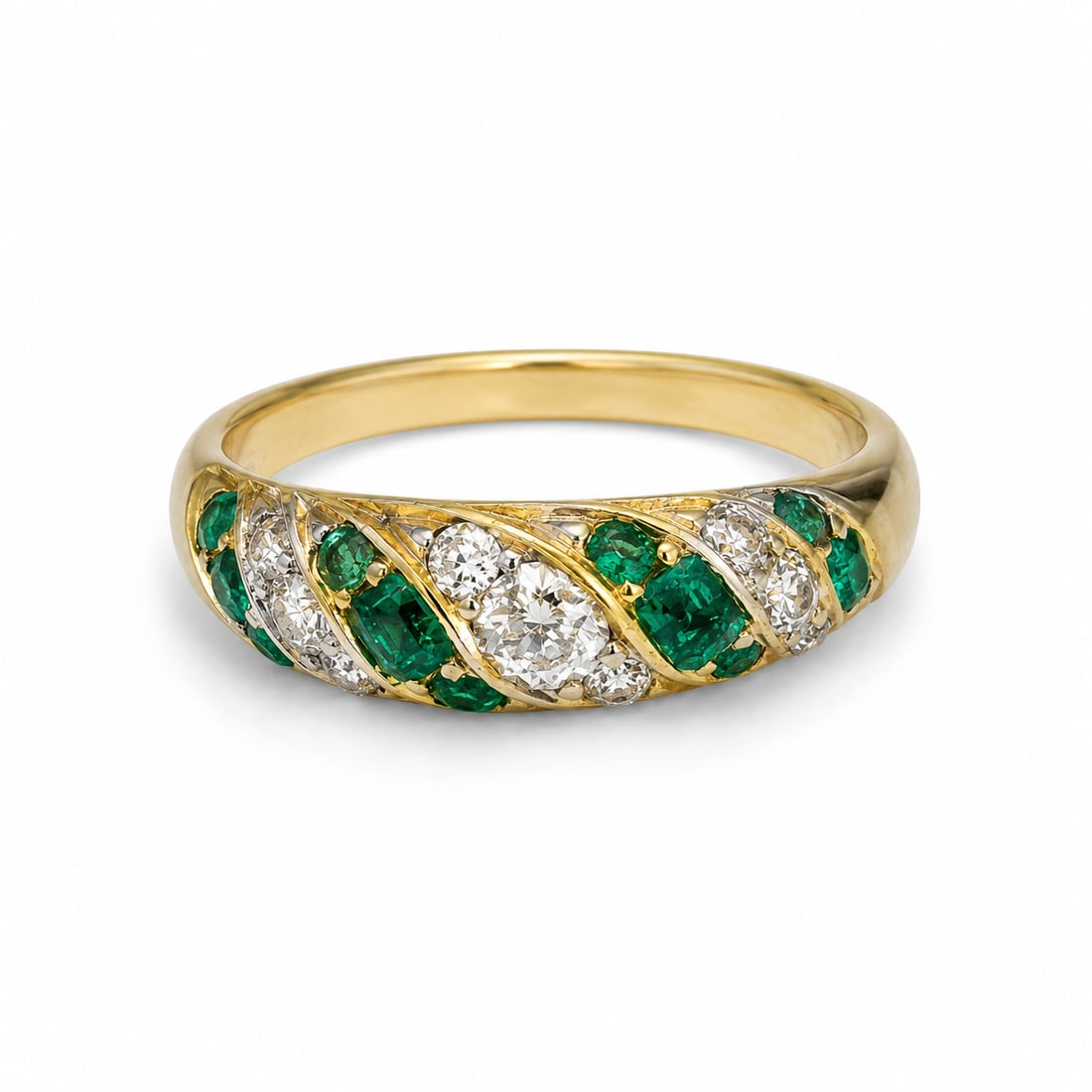 FINE VICTORIAN EMERALD AND DIAMOND DRESS RING: FINE VICTORIAN EMERALD AND DIAMOND DRESS RING 2.9 grams tests 18 ct rich vivid matching emeralds bright lively old cut diamonds size K in excellent condition