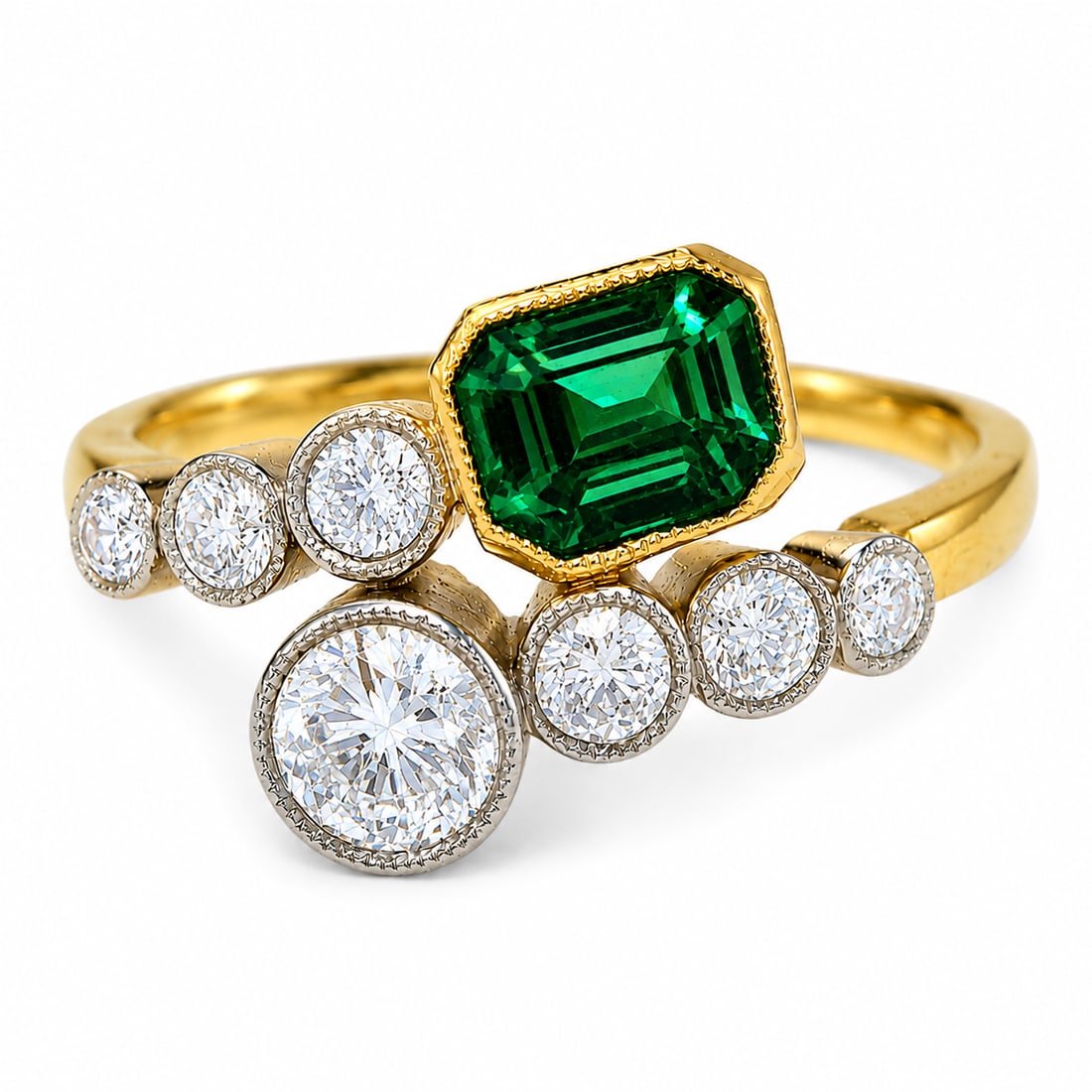 SWEET EMERALD AND DIAMOND TO-ET-MOI TWIST RING: SWEET EMERALD AND DIAMOND TO-ET-MOI TWIST RING,18 ct. gold.Rich and vibrant emerald.Diamonds bright and lively.Size O.