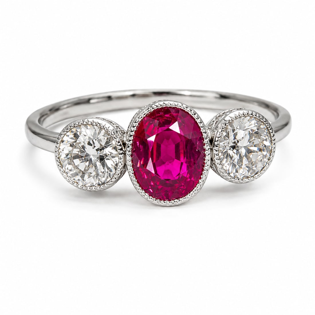 FINE CERTIFICATED BURMA NO HEAT RUBY AND DIAMOND THREE STONE RING: FINE CERTIFICATED BURMA NO HEAT RUBY AND DIAMOND THREE STONE RING 3.7 grams, testing 18 ct. gold.Rich and vibrant ruby of approx. 1.17 ct. (Certificated, Burma 'Mogok', No heat).Bright and lively old 