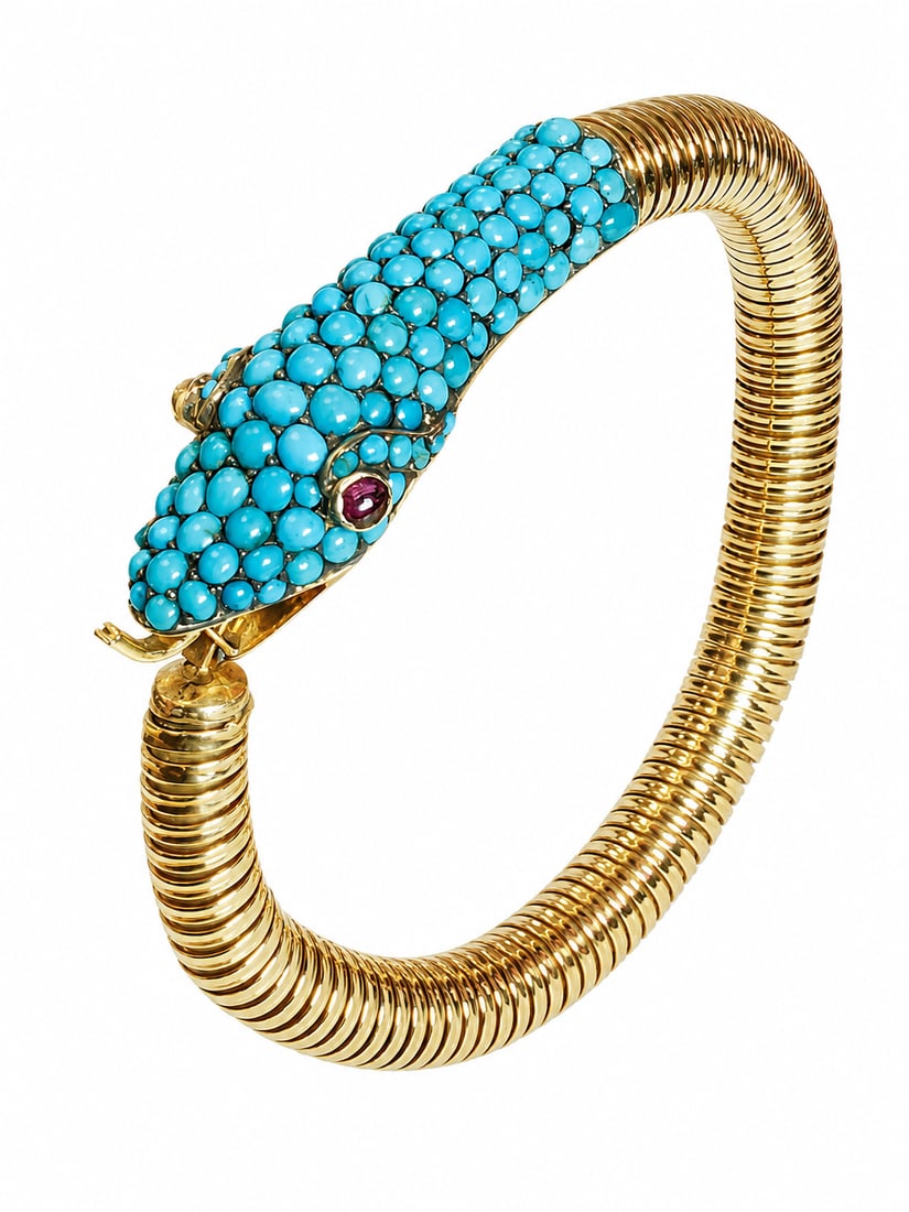 EARLY VICTORIAN TURQUOISE SNAKE BRACELET: EARLY VICTORIAN TURQUOISE SNAKE BRACELET 26 grams dated 1844matching turquoise L 18 cm snakes head 4.7 cm