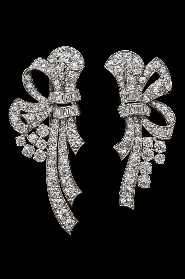 FINE DIAMOND DOUBLE CLIP BROOCH: FINE DIAMOND DOUBLE CLIP BROOCH,21,5 grams, testing high carat gold.Bright and lively round and baguette cut diamonds.Wearable as 1 brooch with separate mount or as 2 individual clips.L. 5.1 cm.Fitted