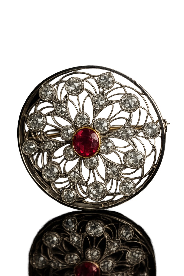 RUBY AND DIAMOND BROOCH: RUBY AND DIAMOND BROOCH,8.2 grams, testing platinum.Rich and vibrant ruby of approx. 0.90 ct.Diamonds bright and lively, totalling approx. 3 ct.Diam. 3.2 cm.