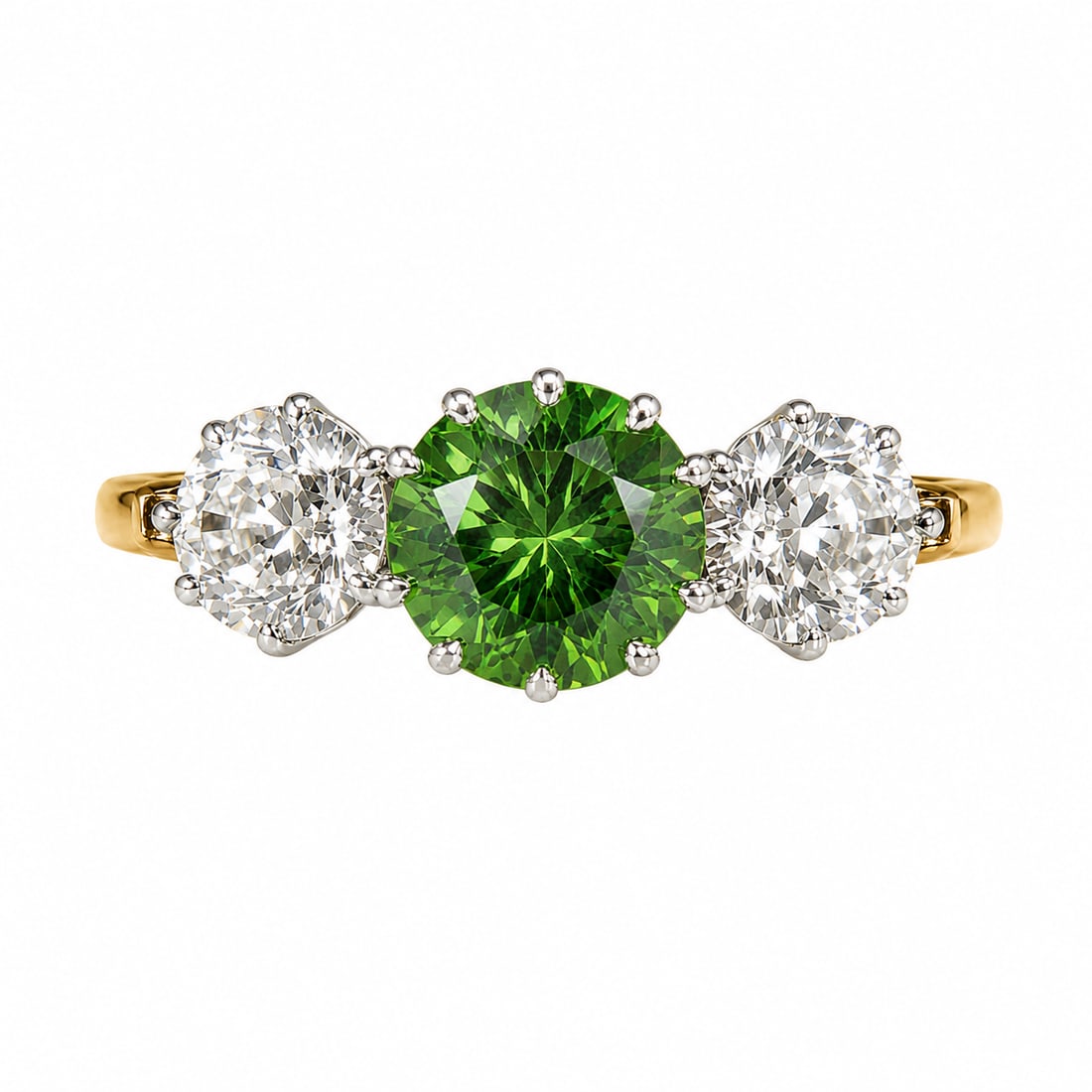 FINE DEMANTOID GARNET AND DIAMOND 3-STONE RING: FINE DEMANTOID GARNET AND DIAMOND 3-STONE RING,3,2 grams, testing high carat gold and platinum.Rare rIch and vibrant demantoid garnet of approx. 1 ct.Diamonds bright and lively, totalling approx. 1.40
