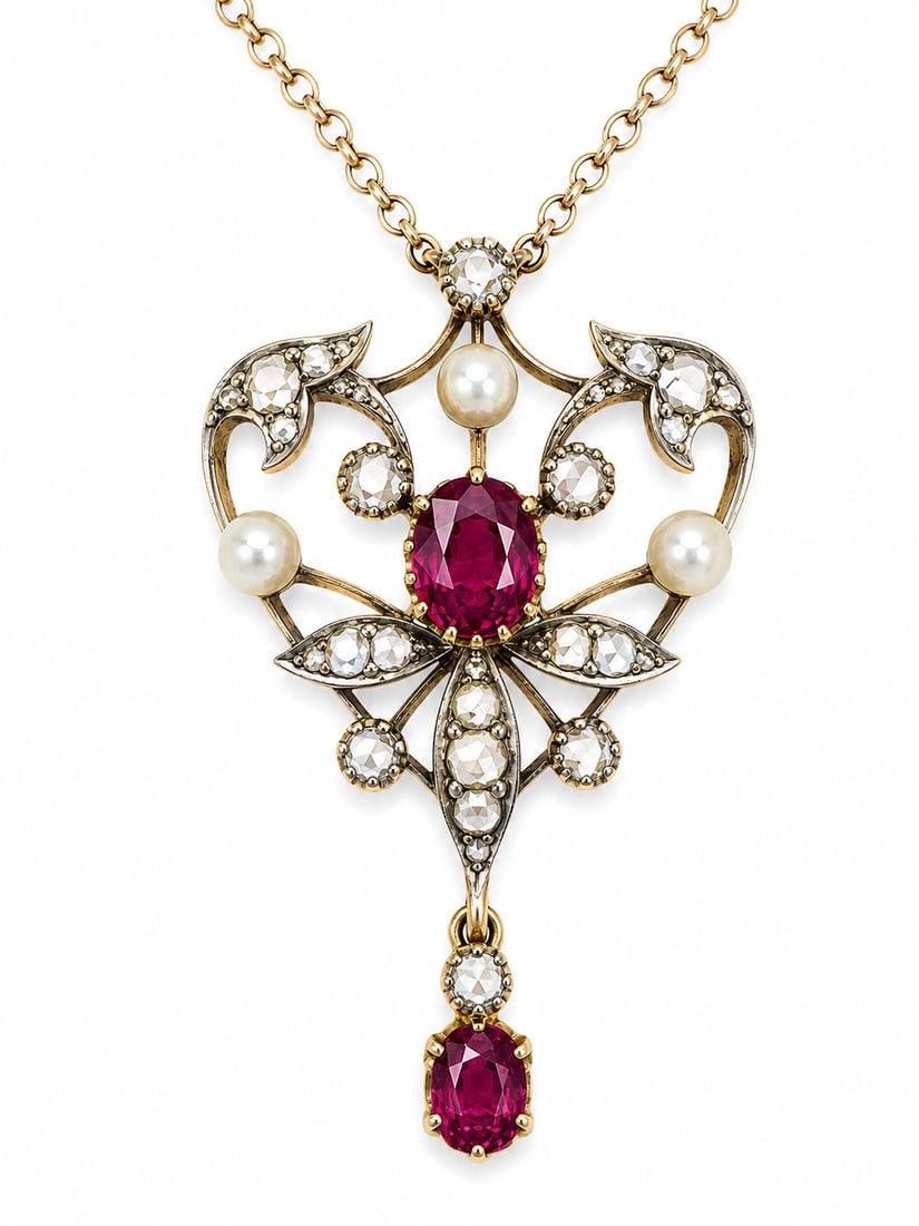 EDWARDIAN RUBY DIAMOND AND PEARL PENDANT NECKLACE: EDWARDIAN RUBY DIAMOND AND PEARL PENDANT NECKLACE,6,4 grams, testing 18 ct. gold and silver.Rich and vibrant rubies.Diamonds bright and lively.L. pendant 3.4 cm.L necklace 48 cm.