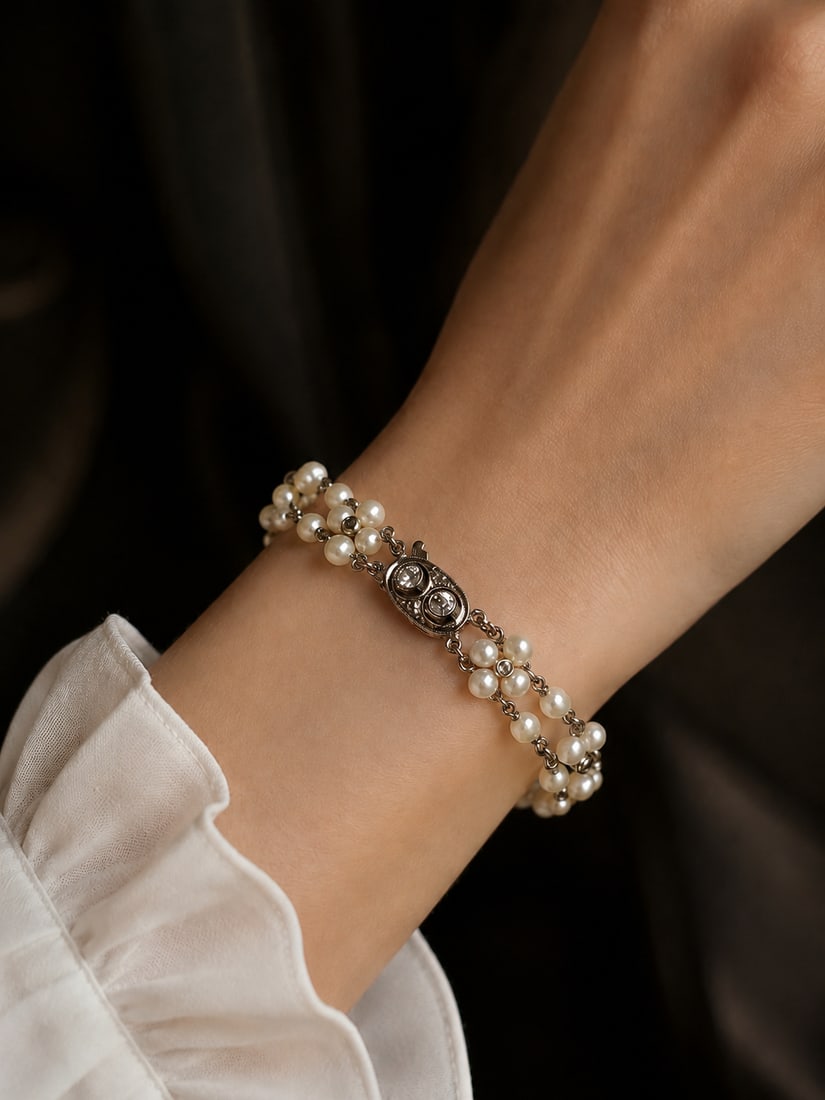 EDWARDIAN NATURAL PEARL AND DIAMOND BRACELET: EDWARDIAN NATURAL PEARL AND DIAMOND BRACELET,8.7 grams, testing 18 ct. gold and platinum.Diamonds bright and lively.Lovely natural pearls.L. 19 cm.