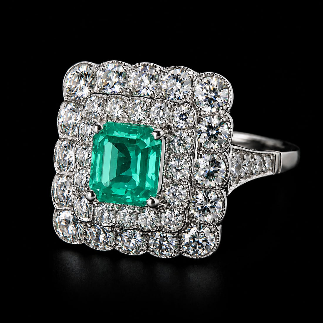 FINE EMERALD AND DIAMOND CLUSTER RING: FINE EMERALD AND DIAMOND CLUSTER RING,4,9 grams, testing platinum.Rich and vibrant emerald of approx. 0.86 ct.Diamonds bright and lively, totalling approx. 1.30 ct.Size M.