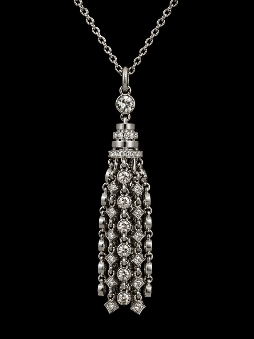 MESSIKA, DIAMOND TASSLE PENDANT AND CHAIN NECKLACE: MESSIKA, DIAMOND TASSLE PENDANT AND CHAIN NECKLACE,10.5 grams, testing 18 ct. gold.Lovely articulated diamond set tassle pendant.Unsigned.L. pendant 4.8 cm.
