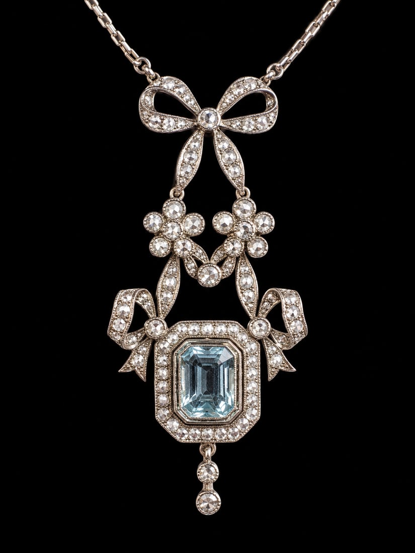 AQUAMARINE AND DIAMOND PENDANT NECKLACE: AQUAMARINE AND DIAMOND PENDANT NECKLACE,11,5 grams, testing 18 ct. gold.Rich and vibrant aquamarine.Diamonds bright and lively.L. pendant 5.1 cm.L. chain 42 cm.
