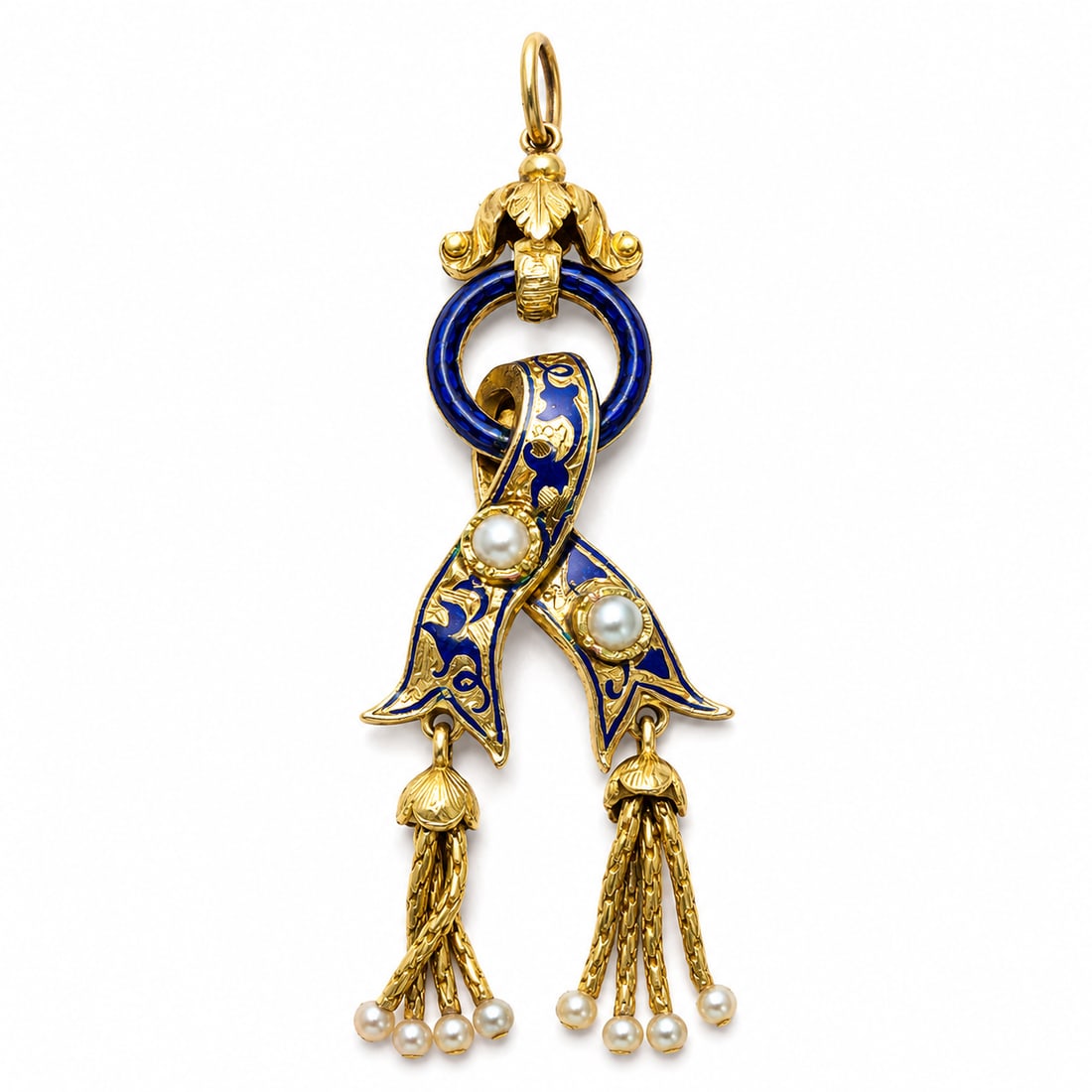 ANTIQUE ENAMEL AND PEARL PENDANT: ANTIQUE ENAMEL AND PEARL PENDANT,4 grams, testing 15 ct. gold.Lovely blue enamel.Pearls assumed to be natural.Articulated tassle drops.L. 5.2 cm.
