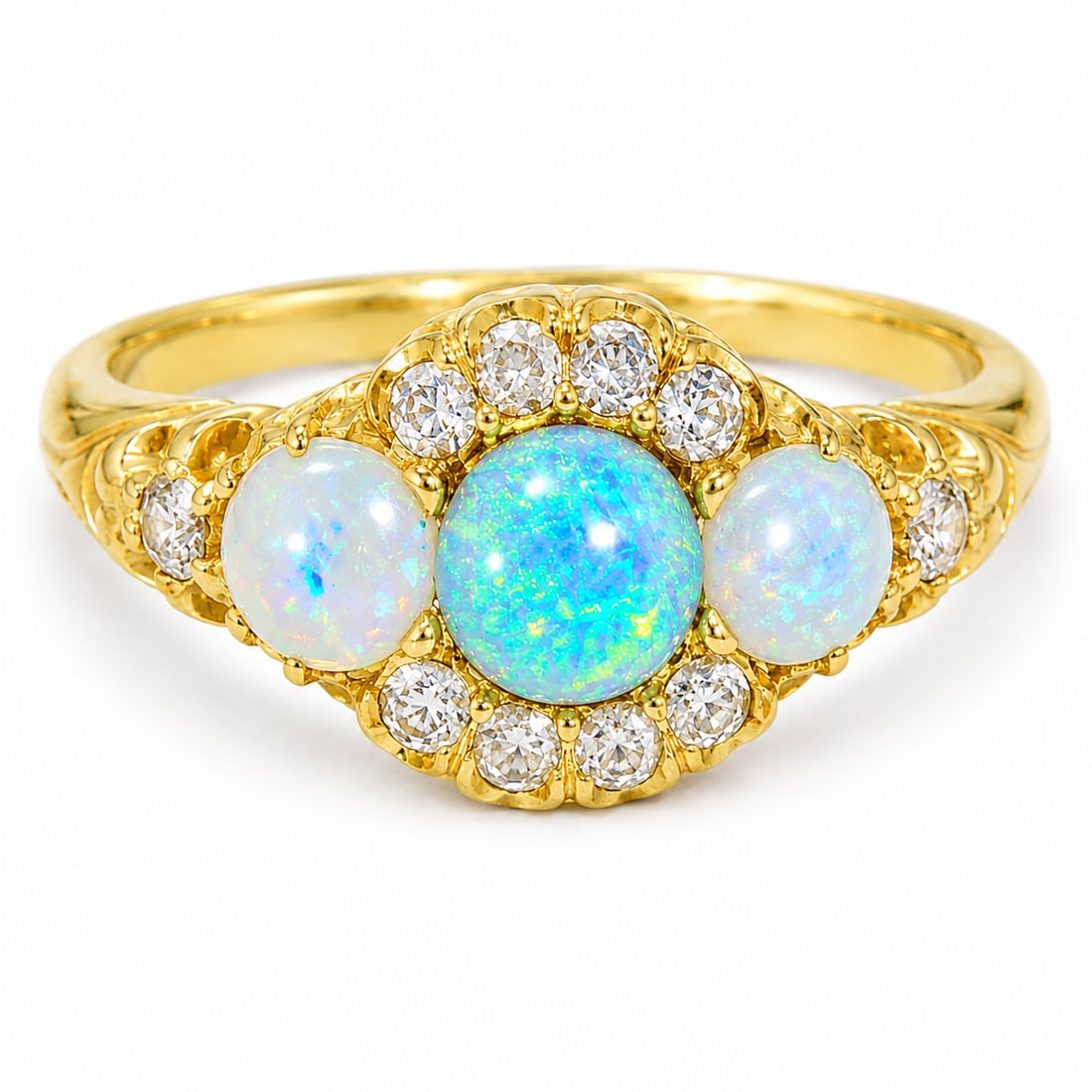 OPAL AND DIAMOND CLUSTER RING: OPAL AND DIAMOND CLUSTER RING,4,1 grams, testing high carat gold.Rich and vibrant opals with good play of colour.Diamonds bright and lively.Size P 1/2.