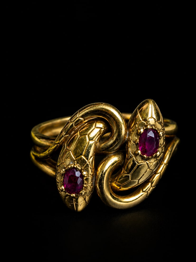 RUBY DOUBLE SNAKE RING: RUBY DOUBLE SNAKE RING,3,6 grams, testing high carat gold.Rich and vibrant rubies.designed as 2 entwined snakes.Size O.