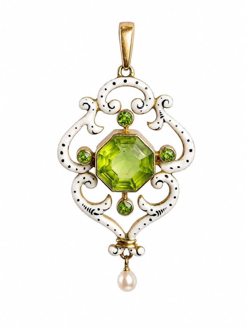 ANTIQUE DEMANTOID GARNET, PERIDOT AND ENAMEL PENDANT: ANTIQUE DEMANTOID GARNET, PERIDOT AND ENAMEL PENDANT,4,2 grams, testing 18 ct. gold.Rich and vibrant demantoid garnets.Lovely peridot and enamel.L. 4.3 cm.