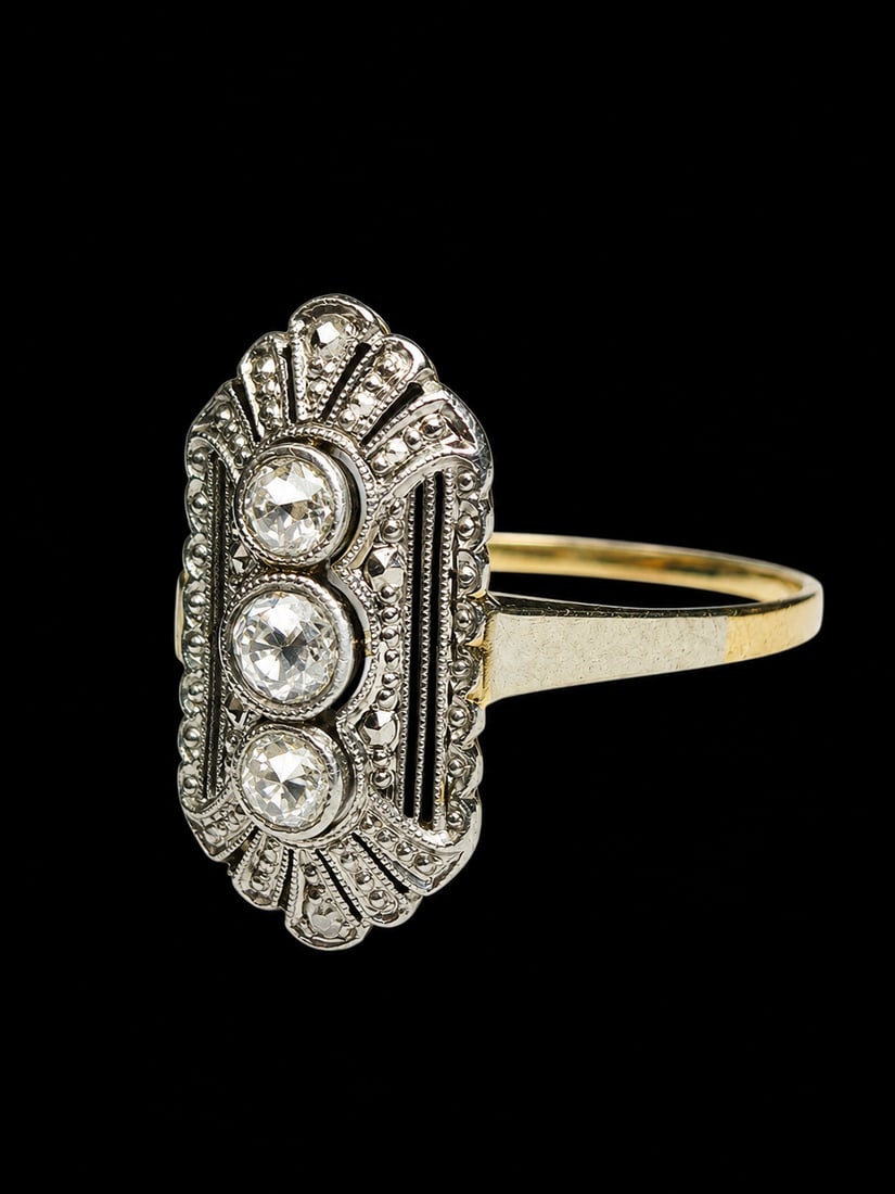 ART-DECO DIAMOND RING: ART-DECO DIAMOND RING,testing high carat gold and platinum.Diamonds bright and lively.Size P.