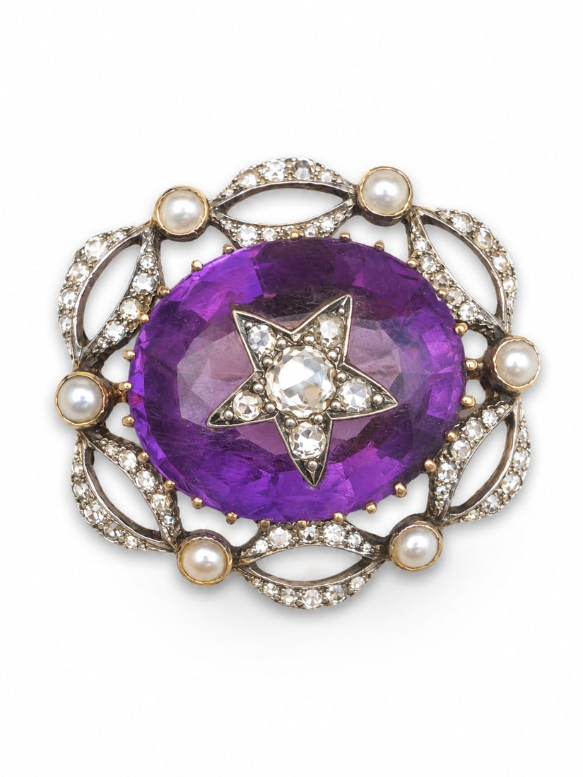 VICTORIAN AMETHYST DIAMOND AND PEARL GOLD BROOCH: VICTORIAN AMETHYST DIAMOND AND PEARL GOLD BROOCH,8.5 grams. 9 ct. gold backed.Diamonds bright and lively.Vibrant amethyst.Pearls untested, assumed to be natural.W. 2.9 cm.