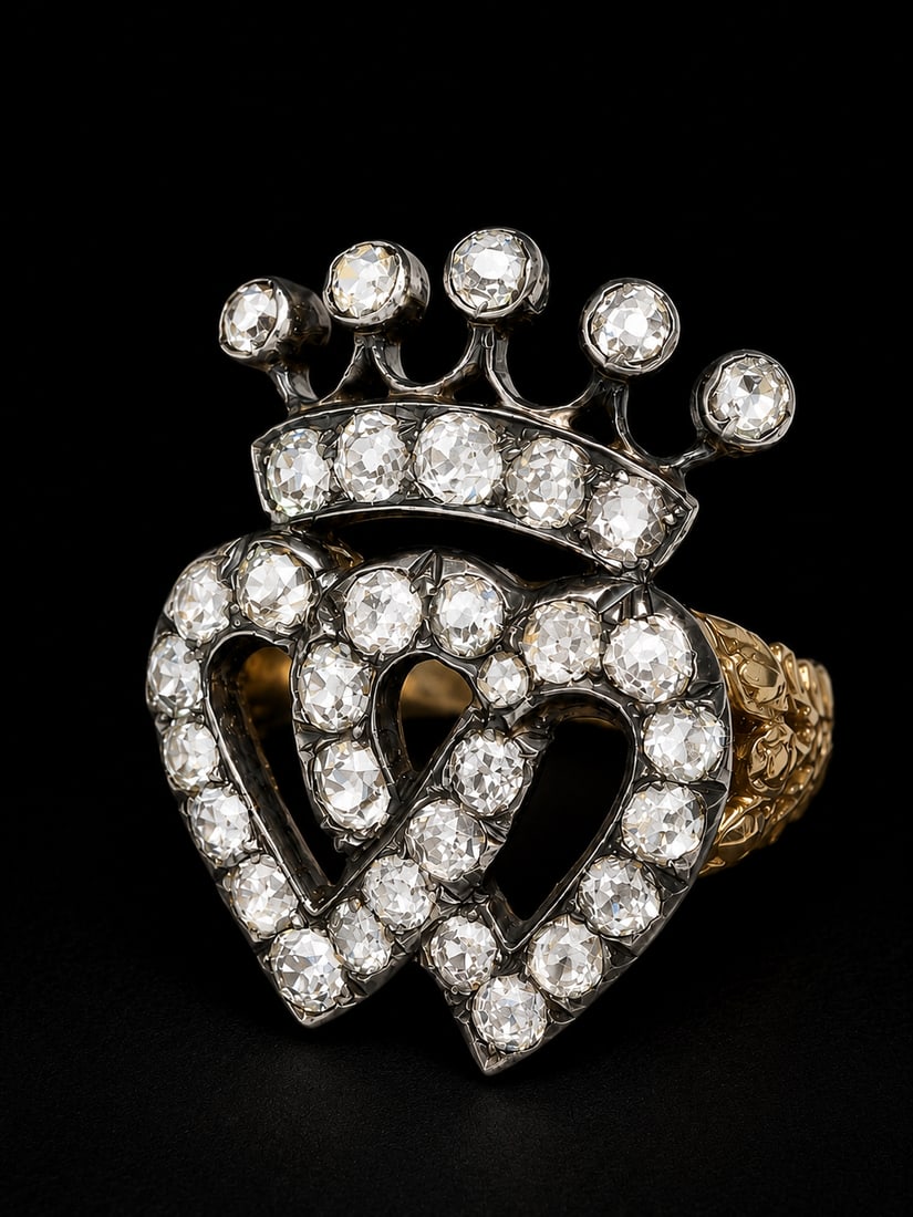 ANTIQUE DIAMOND DOUBLE HEART CROWNED RING: ANTIQUE DIAMOND DOUBLE HEART CROWNED RING,5,4 grams, testing 18 ct. gold and silver.Bright and lively old cut diamonds, totalling approx. 2.20 ct.Size M.