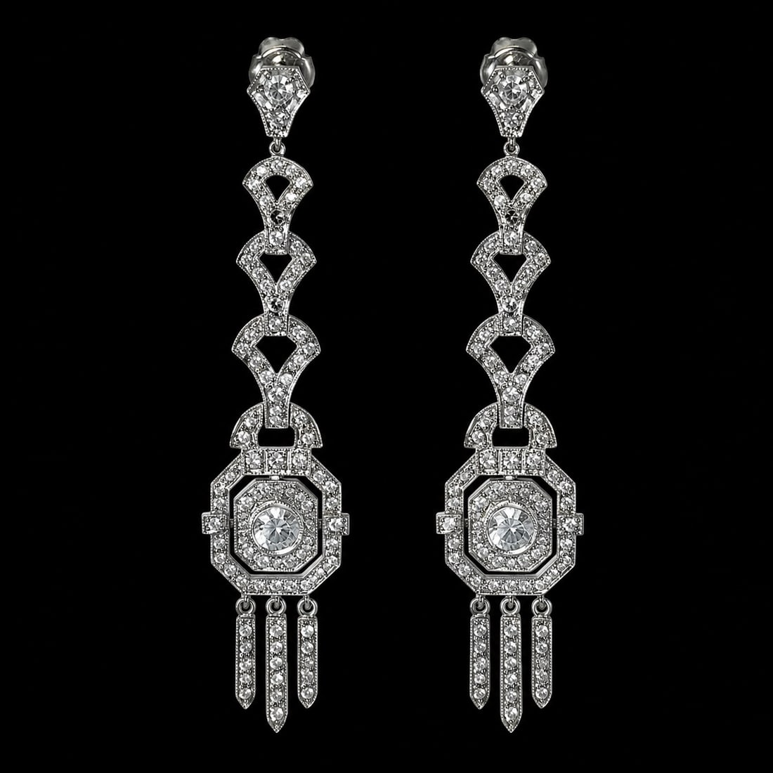 MAGNIFICENT ELEGANT PAIR OF ART DECO DIAMOND EARRINGS: MAGNIFICENT ELEGANT PAIR OF ART DECO DIAMOND EARRINGS 12.8 grams platinum and gold bright lively diamondsL 6.4 cm.fitted box