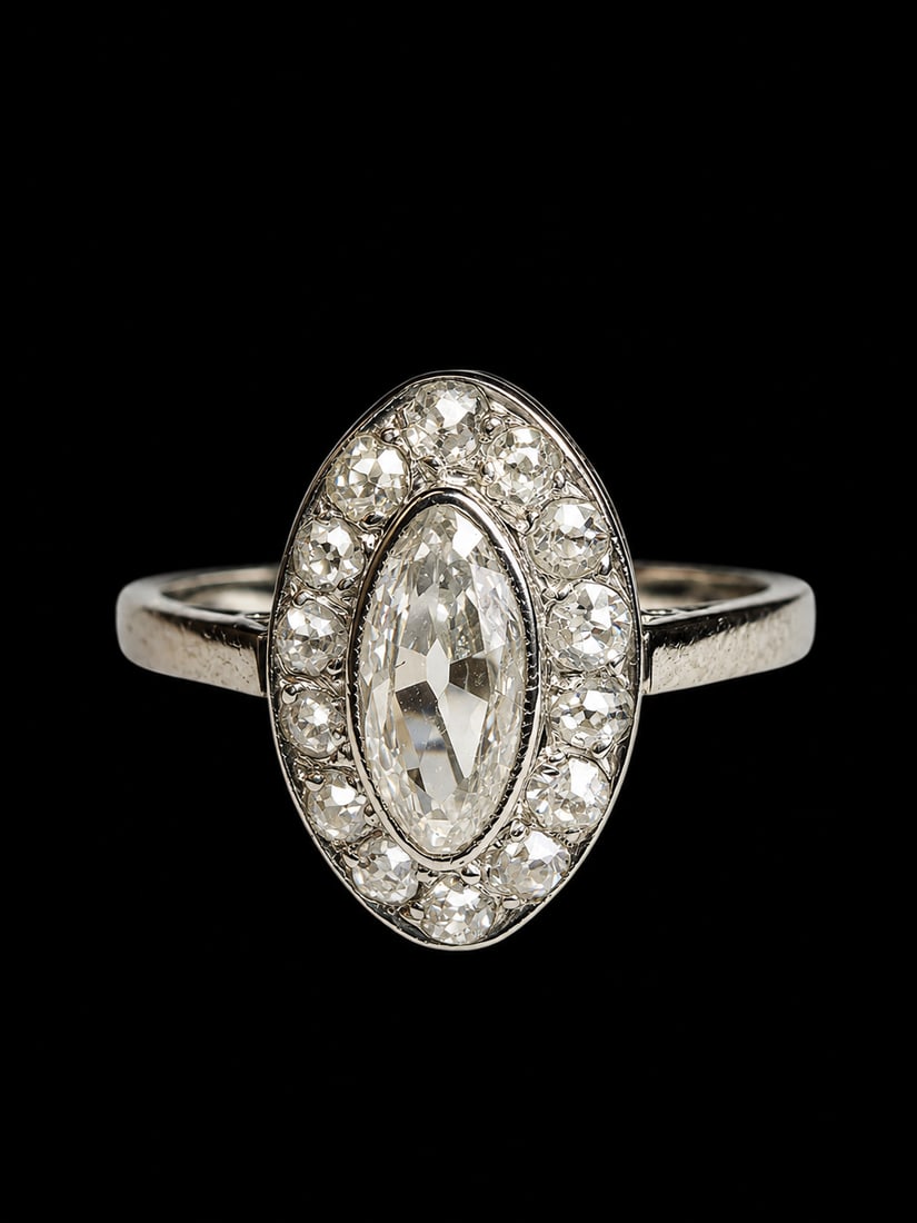 MARQUISE SHAPED DIAMOND RING: MARQUISE SHAPED DIAMOND RING,3.3 grams, testing platinum.Bright and lively diamonds.Size K 1/2.
