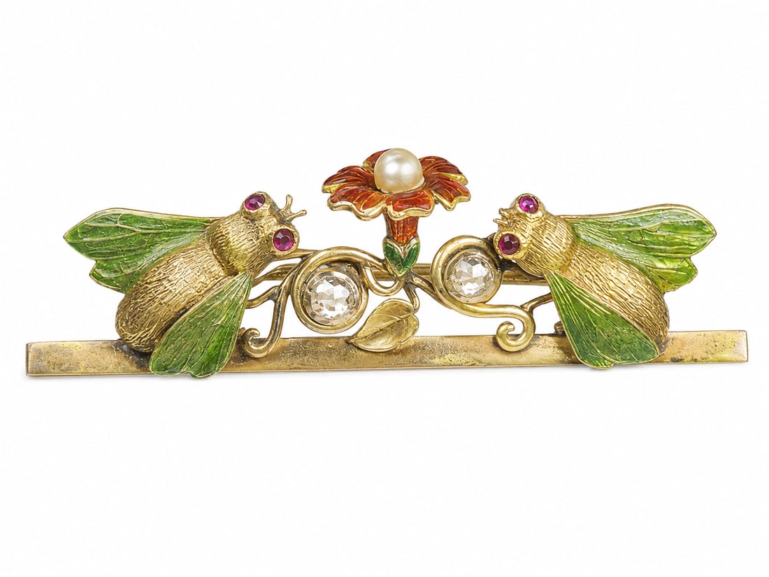 LOVELY EDWARDIAN ENAMEL AND DIAMOND INSECT BROOCH: LOVELY EDWARDIAN ENAMEL AND DIAMOND INSECT BROOCH,7 grams, testing 18 ct. gold.Lovely enamel.Bright and lively old cut diamonds.W. 4.3 cm.