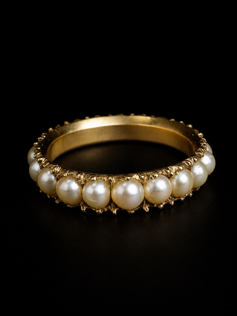 GEORGIAN PEARL FULL ETERNITY RING: GEORGIAN PEARL FULL ETERNITY RING,testing 18 ct. gold.Lovely pearls, assumed to be natural.Size L.With antique ring box.