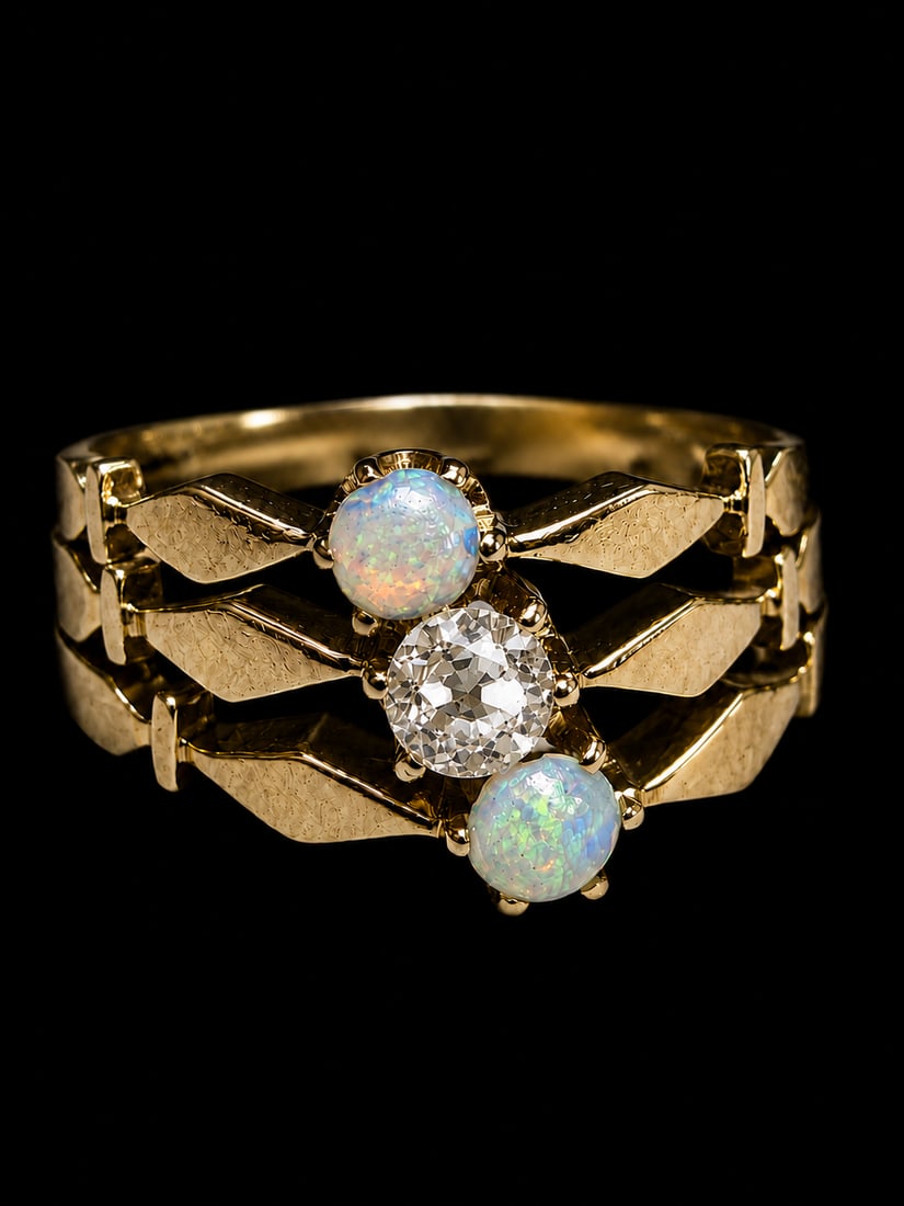 OPAL AND DIAMOND RING: OPAL AND DIAMOND RING,testing high carat gold.Lovely opals.Bright and lively diamond.Size K.