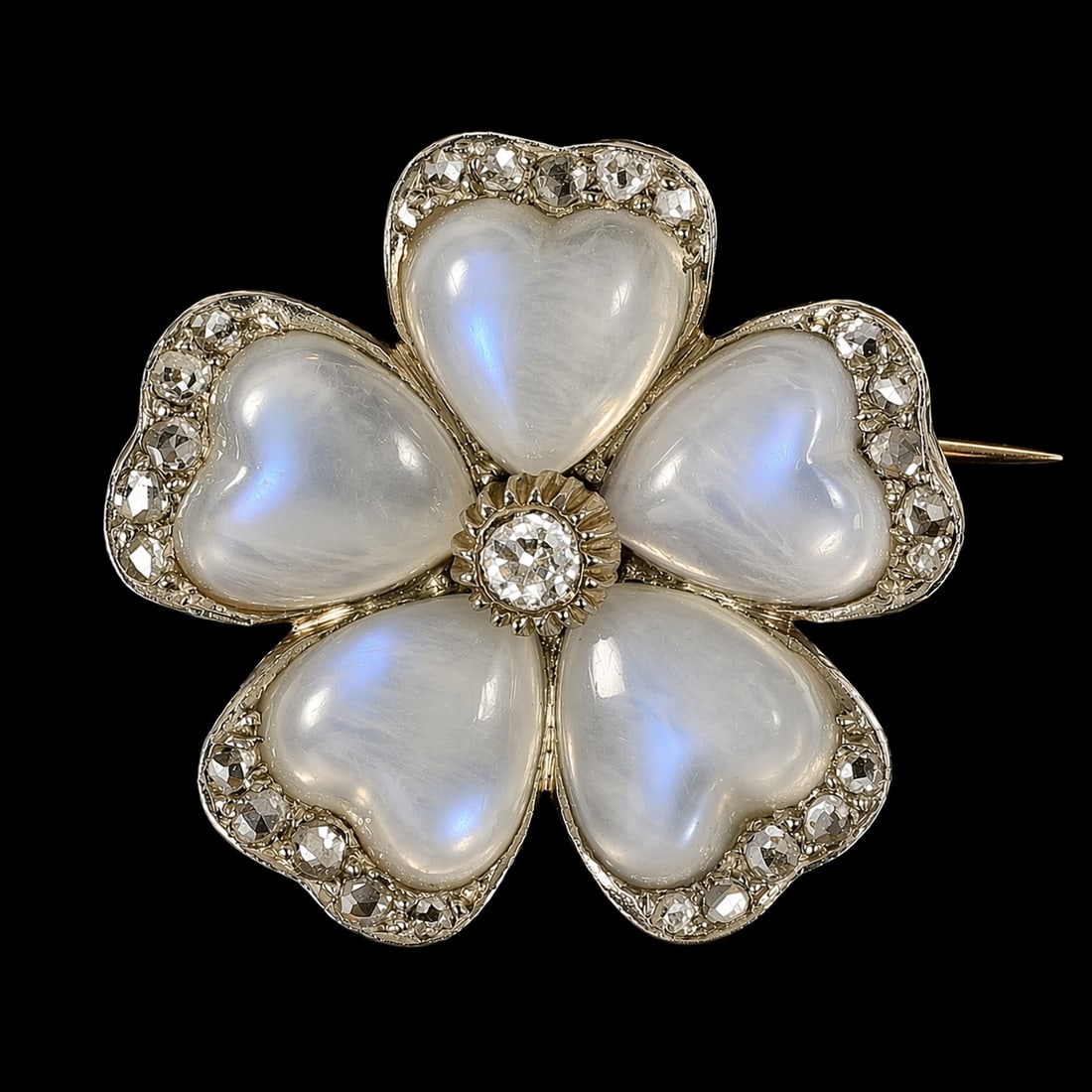 FINE ANTIQUE MOONSTONE AND DIAMOND FLORAL BROOCH: FINE ANTIQUE MOONSTONE AND DIAMOND FLORAL BROOCH,8.7 grams, testing high carat gold and silver.Rich and vibrant moonstones with blue shiller.Diamonds bright and lively.W. 2.7 cm.