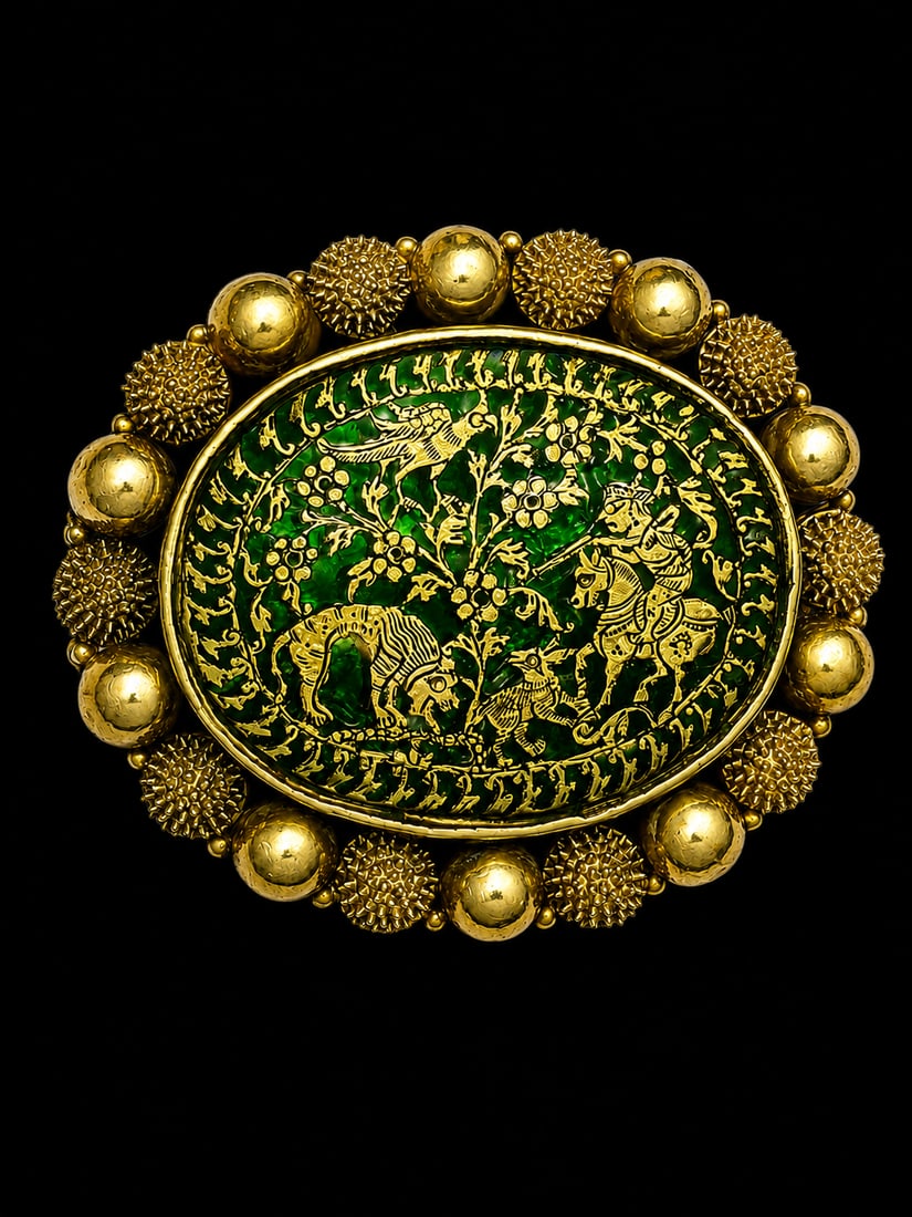 UNUSUAL ANTIQUE INDIAN GOLD INLAID BROOCH: UNUSUAL ANTIQUE INDIAN GOLD INLAID BROOCH,13.,3 grams, testing high carat gold, likely 22 ct.).Gold inlaid on a green background depicting a hunting scene.W. 4 cm.