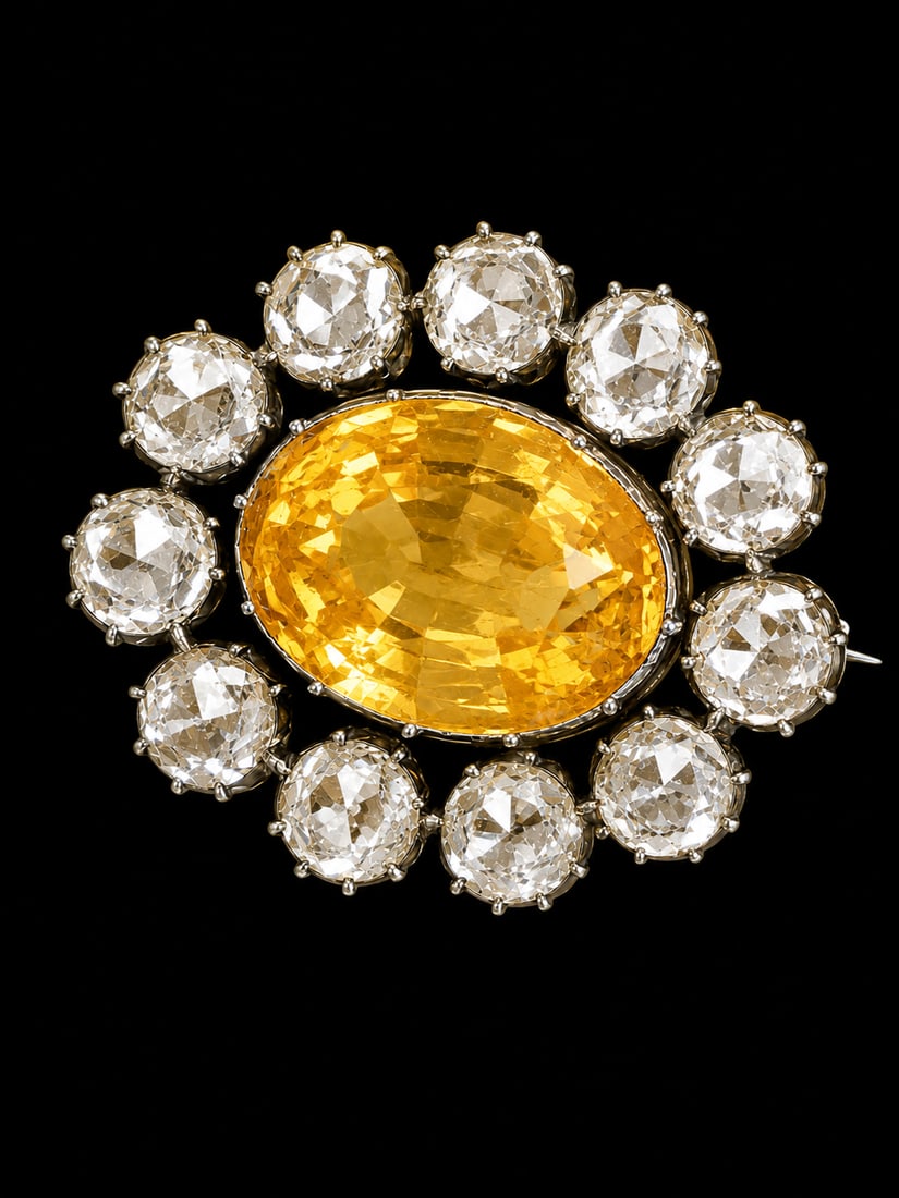 FINE GEORGIAN TOPAZ BROOCH: FINE GEORGIAN TOPAZ BROOCH,6.7 grams, testing 18 ct. gold.Rich and vibrant precious topaz of approx. 14.7 x 10.6 mm.Surrounded by white stones.W. 2.7 cm.
