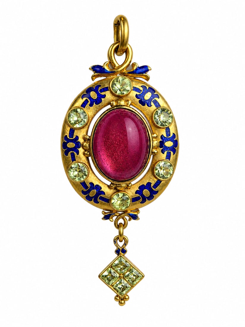 FINE HOLBEINESQUE GARNET, PERIDOT AND ENAMEL PENDANT (1 of 1)