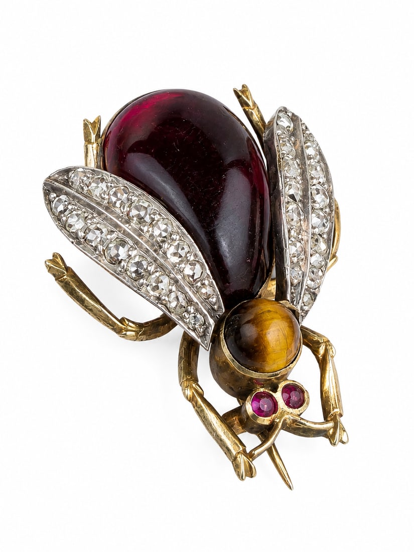 VICTORIAN GARNET AND DIAMOND BUG BROOCH: VICTORIAN GARNET AND DIAMOND BUG BROOCH,8,6 grams, testing 18 ct. gold and silver.Rich and vibrant garnet.Diamonds bright and lively.L. 2.7 cm.