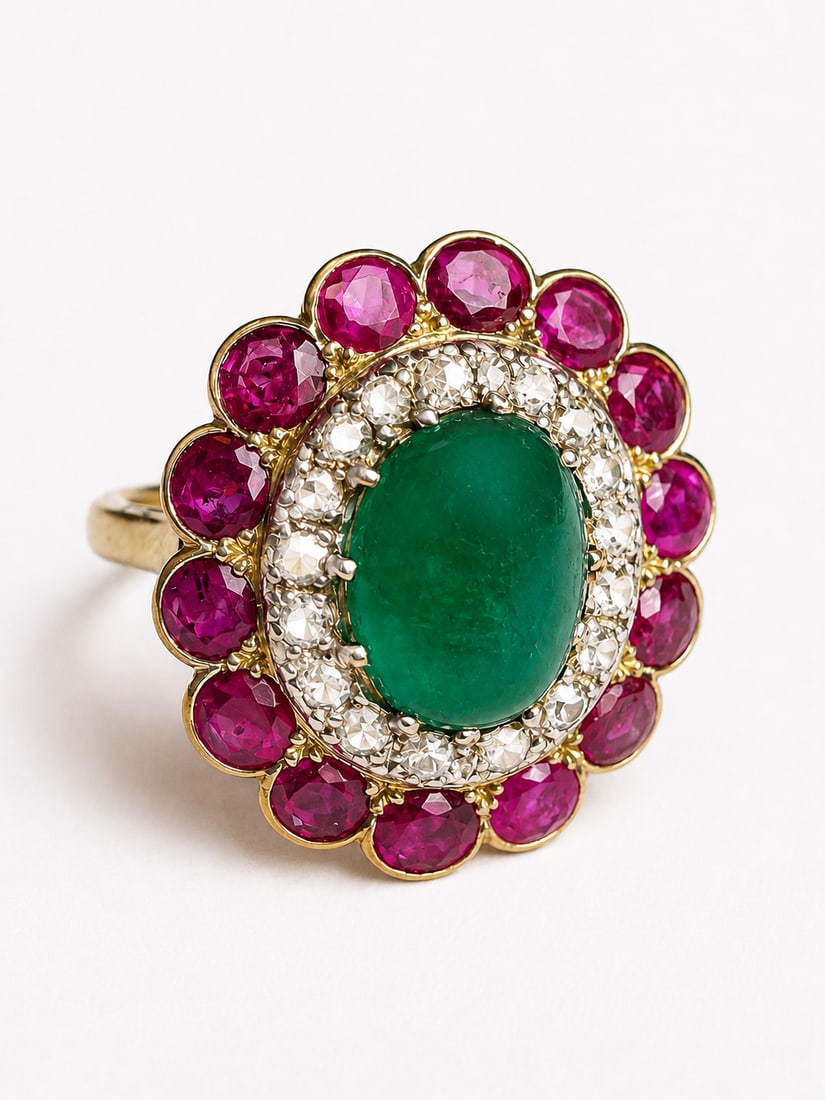 EMERALD RUBY AND DIAMOND CLUSTER RING (1 of 1)
