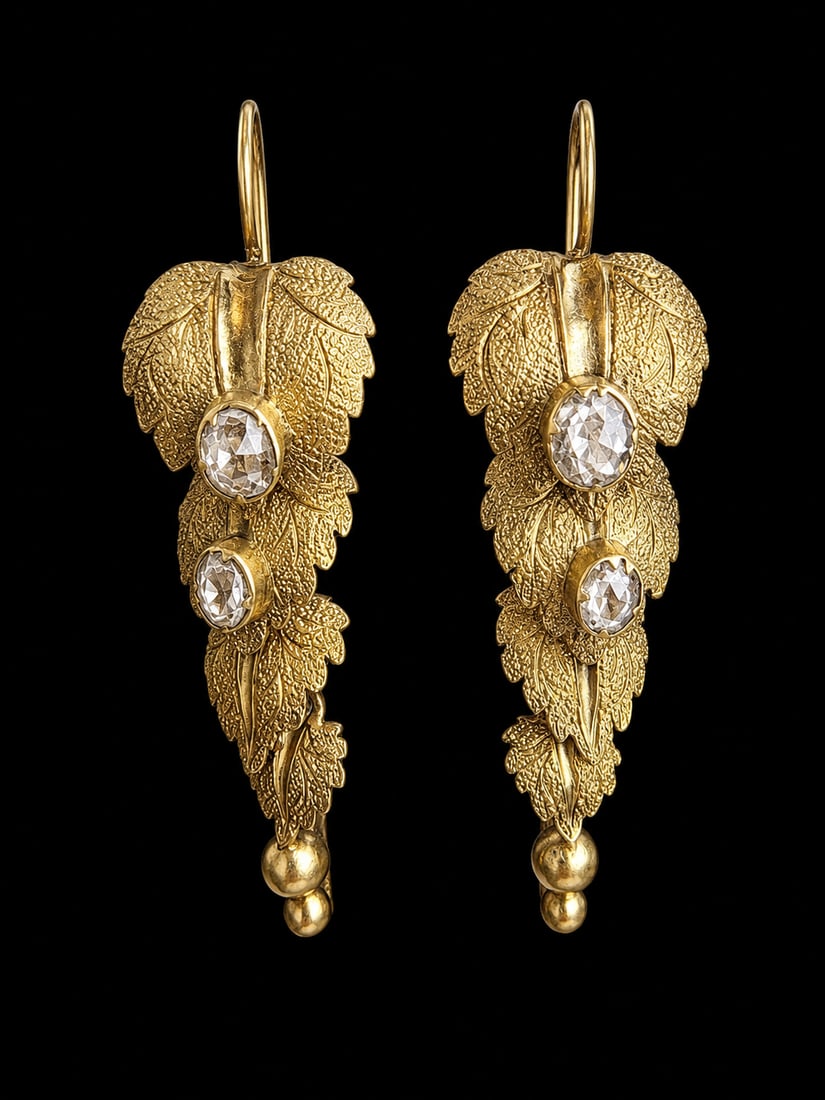 PAIR OF VICTORIAN AQUAMARINE EARRINGS: PAIR OF VICTORIAN AQUAMARINE EARRINGS,3.6 grams, testing 18 ct. gold.Lovely articulated leaves. Aquamarine set.L. 3.8 cm.