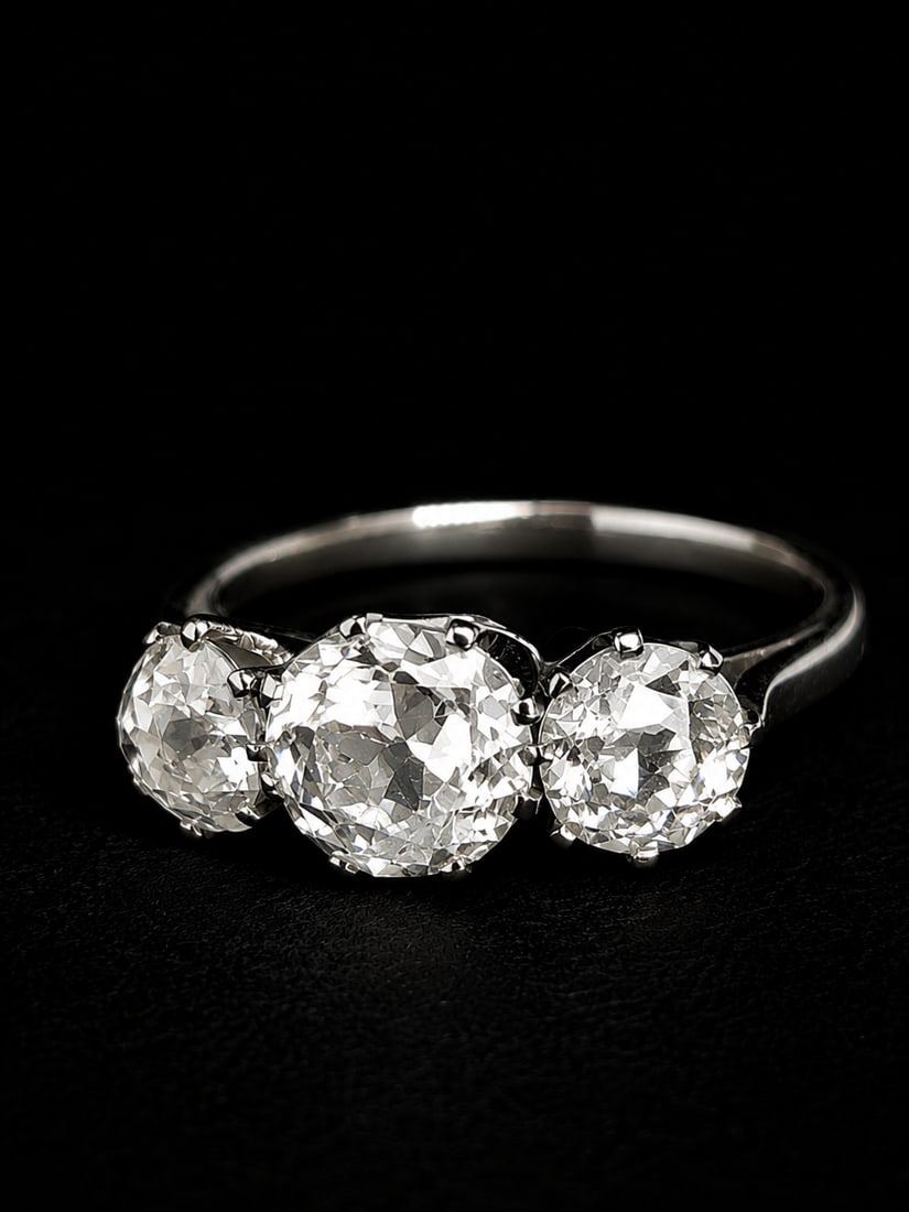 3-STONE DIAMOND RING: 3-STONE DIAMOND RING,3 grams, testing 18 ct. gold.Lovely bright and lively old cut diamonds, totalling approx. 2.40 ct.Larger central diamond of approx. 1.16 ct.Size P.