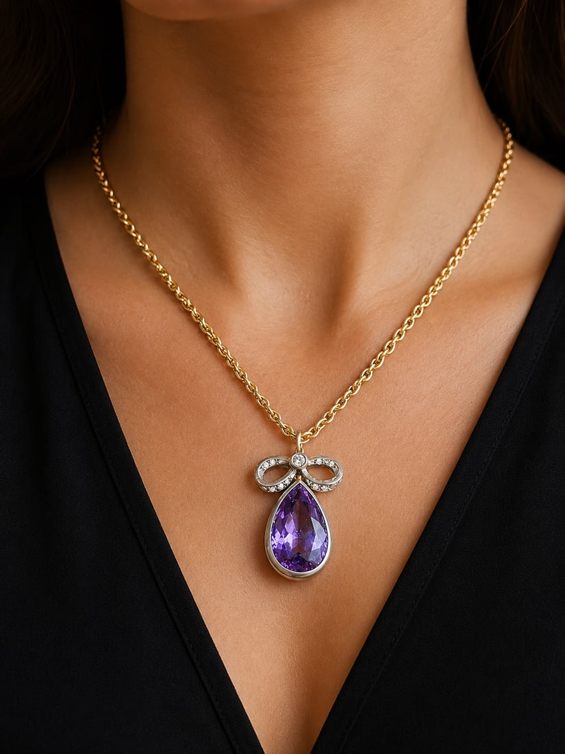 ANTIQUE AMETHYST AND DIAMOND BOW PENDANT WITH CHAIN NECKLACE: ANTIQUE AMETHYST AND DIAMOND BOW PENDANT WITH CHAIN NECKLACE,10.3 grams.Rich and vibrant pear cut amethyst.L. pendant 3.2 cm.Yellow metal chain necklace.