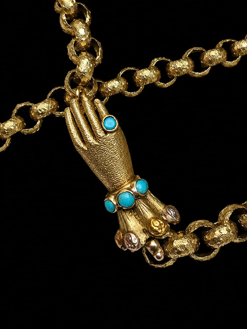 LOVELY GEORGIAN BELCHER LINK GUARD CHAIN NECKLACE WITH HAND CLASP: LOVELY GEORGIAN BELCHER LINK GUARD CHAIN NECKLACE WITH HAND CLASP,50 grams, testing high carat gold.The links with fine relief decoration including stars.The hand clasp set with turquoise.L. 126 cm.