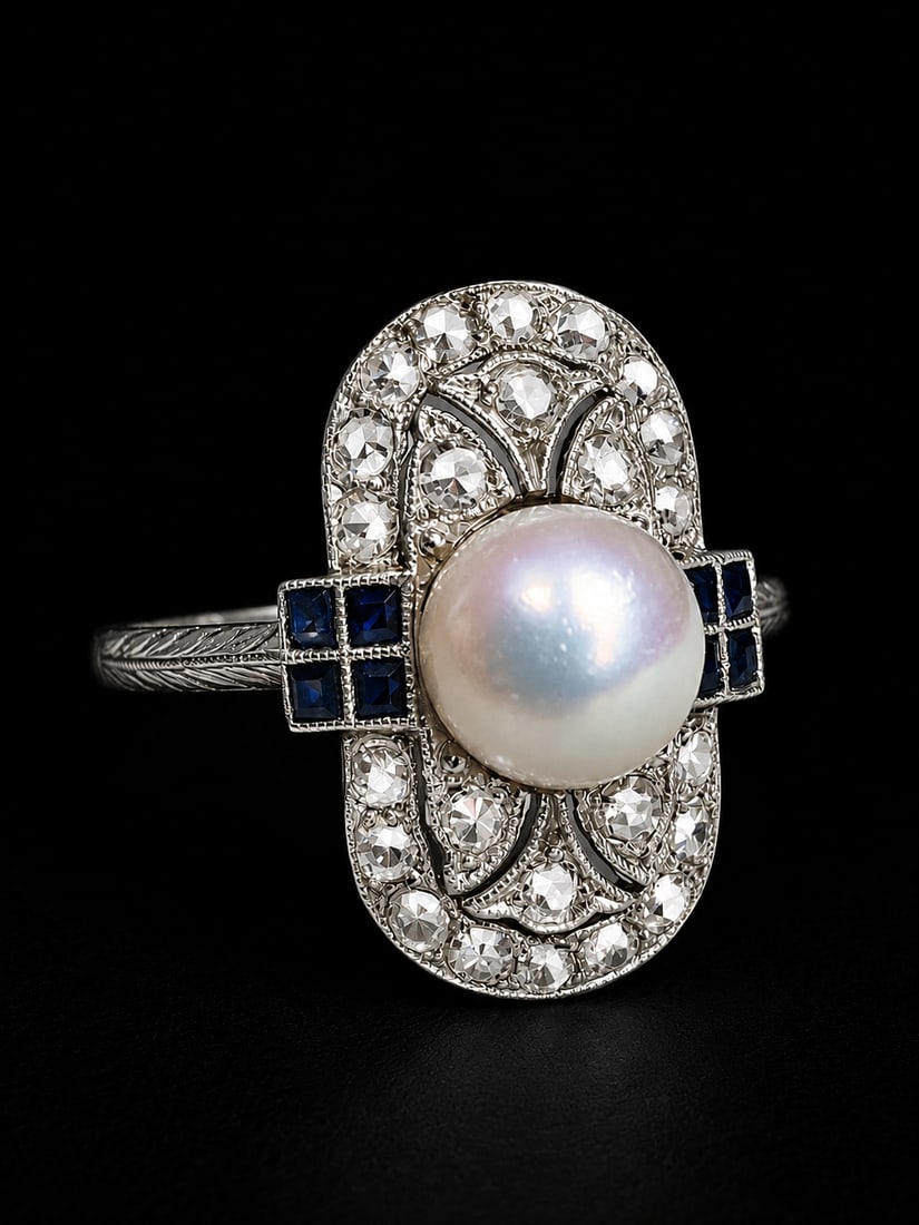 ART-DECO PEARL DIAMOND AND SAPPHIRE RING: ART-DECO PEARL DIAMOND AND SAPPHIRE RING,4,4 grams, testing platinum.Lovely pearl with great lustre of approx. 6.3 mm. (untested).Lovely sapphire accents.Size M 1/2.