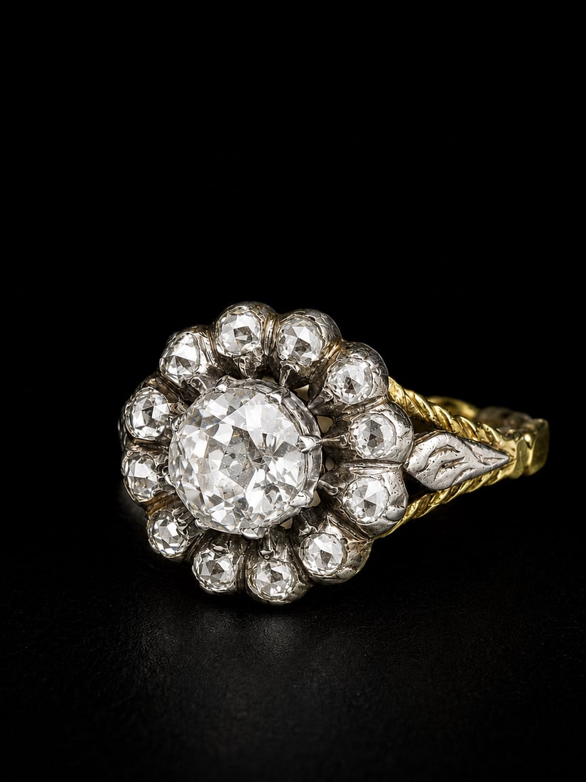 ANTIQUE DIAMOND CLUSTER RING: ANTIQUE DIAMOND CLUSTER RING,3,2 grams, testing high carat gold and silver.Diamonds bright and lively.Size O.