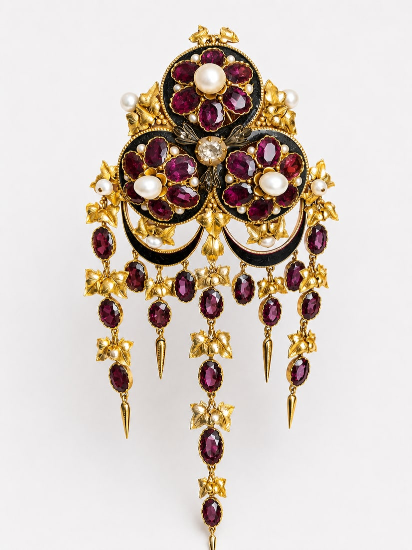 MAGNIFICENT VICTORIAN GARNET, NATURAL SALTWATER PEARLS AND DIAMOND BROOCH PENDANT: MAGNIFICENT VICTORIAN GARNET, NATURAL SALTWATER PEARLS AND DIAMOND BROOCH PENDANT 46.2 grams high carat gold vibrant garnets, lively diamonds matching pearls fine craftsmanship enamel in great conditi