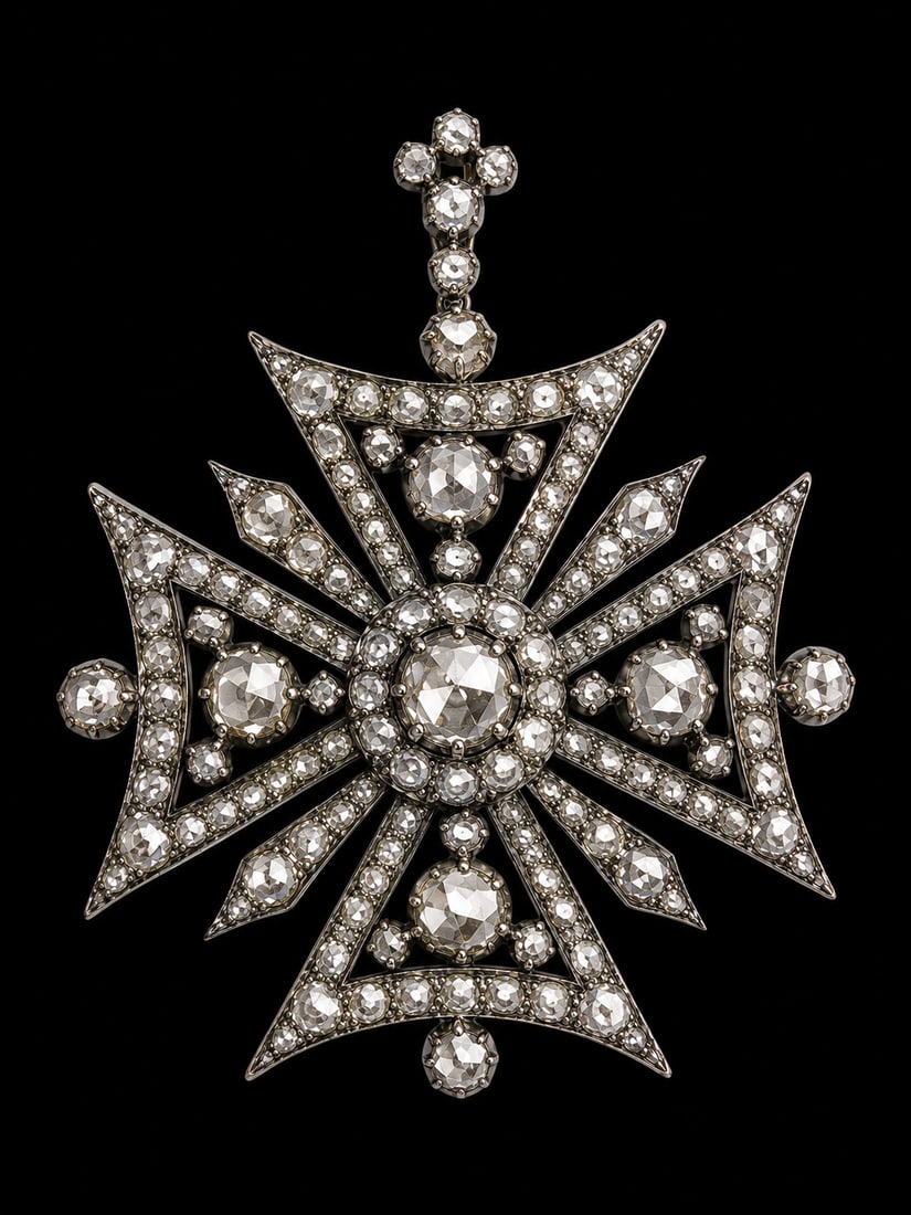 FANTASTIC VICTORIAN DIAMOND MALTESE CROSS PENDANT: FANTASTIC VICTORIAN DIAMOND MALTESE CROSS PENDANT,16,3 grams.Bright and lively old cut diamonds, totalling approx. 6 ct.L. 5.7 cm.