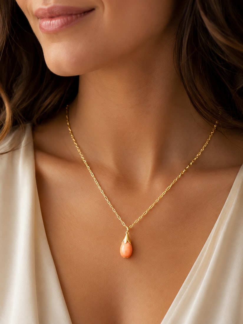 CORAL DROP PENDANT WITH YELLOW METAL CHAIN NECKLACE: CORAL DROP PENDANT WITH YELLOW METAL CHAIN NECKLACE.3.8 grams, cap testing 15 ct. gold.L. pendant 2.5 cm.