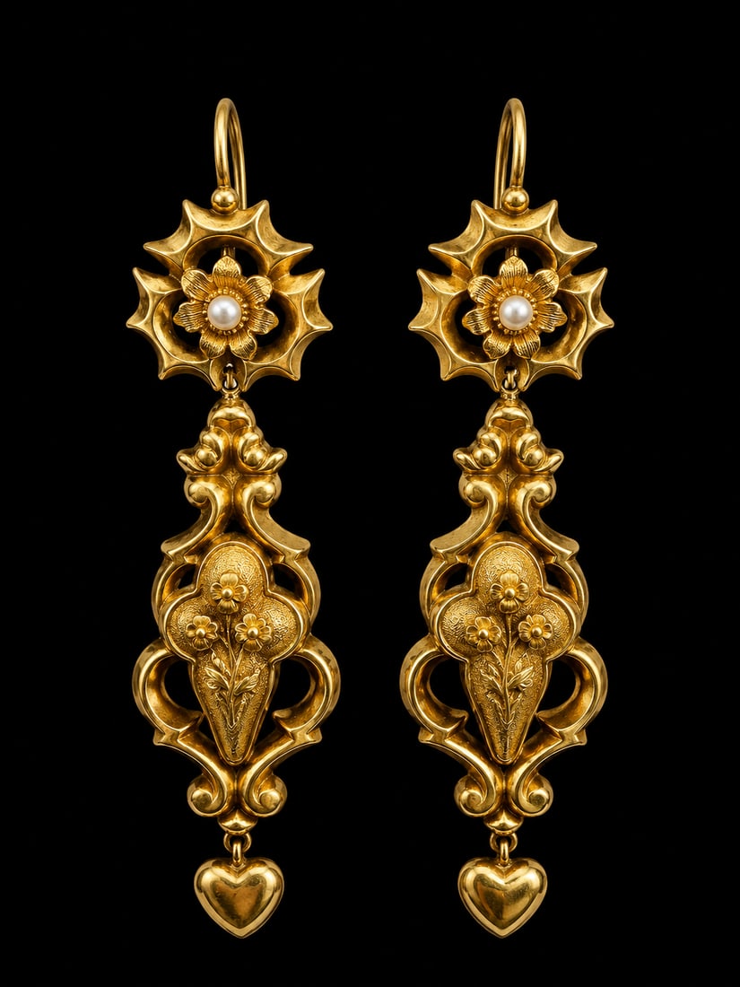 PAIR OF GEORGIAN GOLD AND PEARL EARRINGS: PAIR OF GEORGIAN GOLD AND PEARL EARRINGS12.3 grams, testing high carat gold. With scrolling foliate detail and heart-shaped drops.Hook fittings. Pearls to surmounts untested, assumed to be natural.