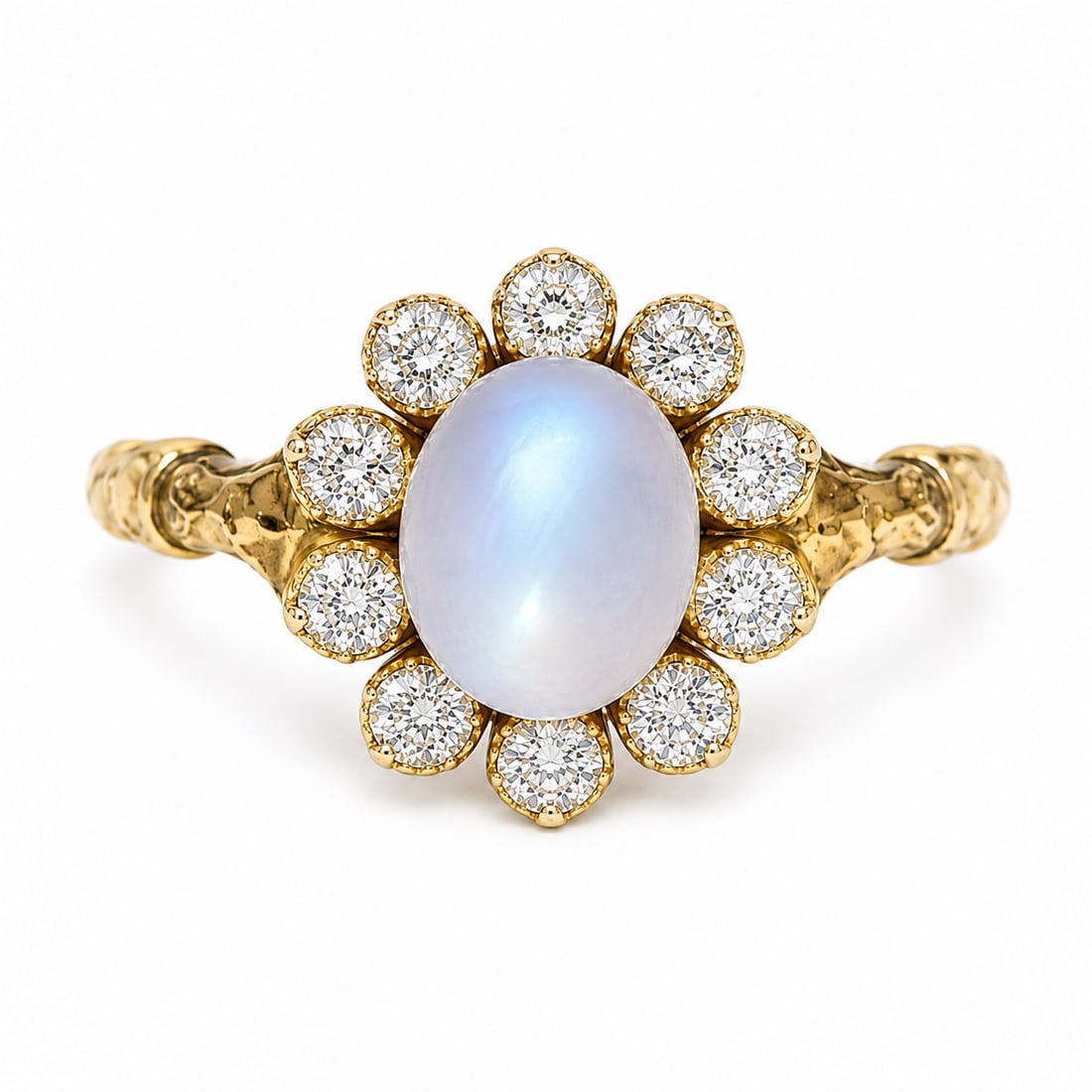 MOONSTONE AND DIAMOND CLUSTER RING: MOONSTONE AND DIAMOND CLUSTER RING,testing platinum.Rich and vibrant moonstone with nice blue shiller.Diamonds bright and lively.Size L 1/2.