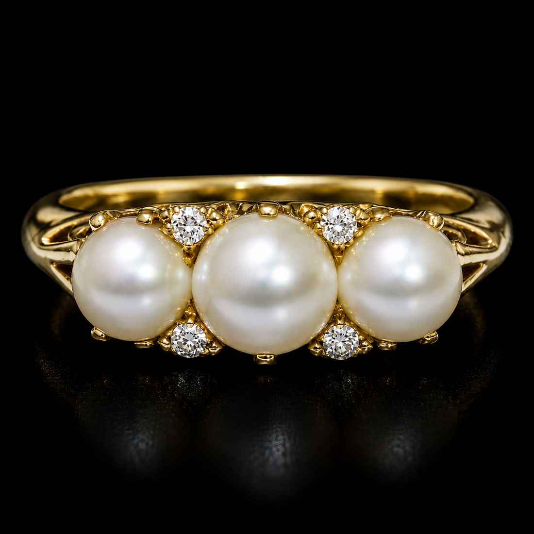 PEARL AND DIAMOND RING: PEARL AND DIAMOND RING,3.8 grams, testing 18 ct. gold.Lovely pearls (untested).Diamonds bright and lively.Size P.