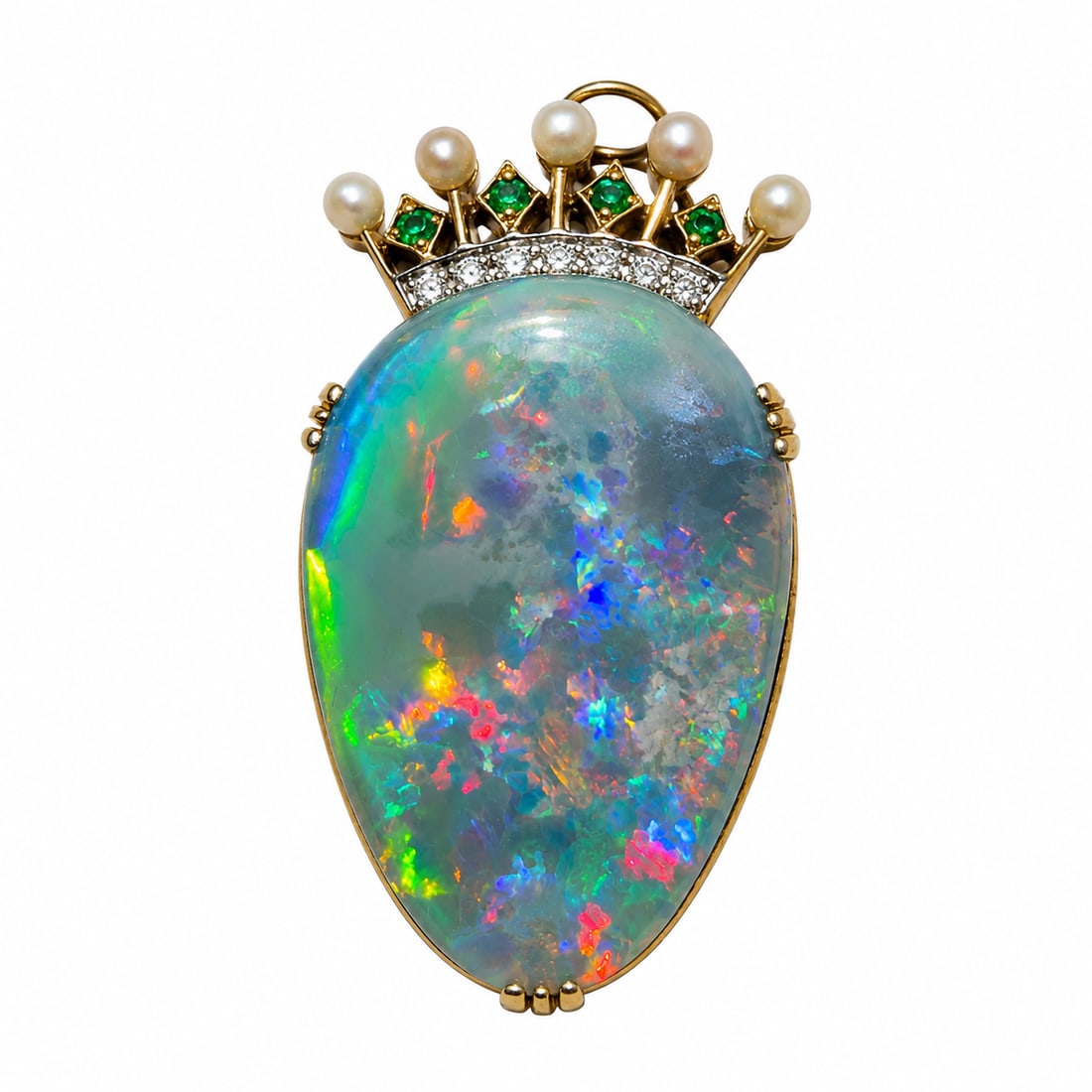 EXCEPTIONAL BLACK OPAL, DEMANTOID GARNET, PEARL AND DIAMOND CROWN PENDANT: EXCEPTIONAL BLACK OPAL, DEMANTOID GARNET, PEARL AND DIAMOND CROWN PENDANT 6.7 gramslarge vibrant opal, with fantastic play of colour approx 19.23 ct vibranet matching garnet and pearls livley