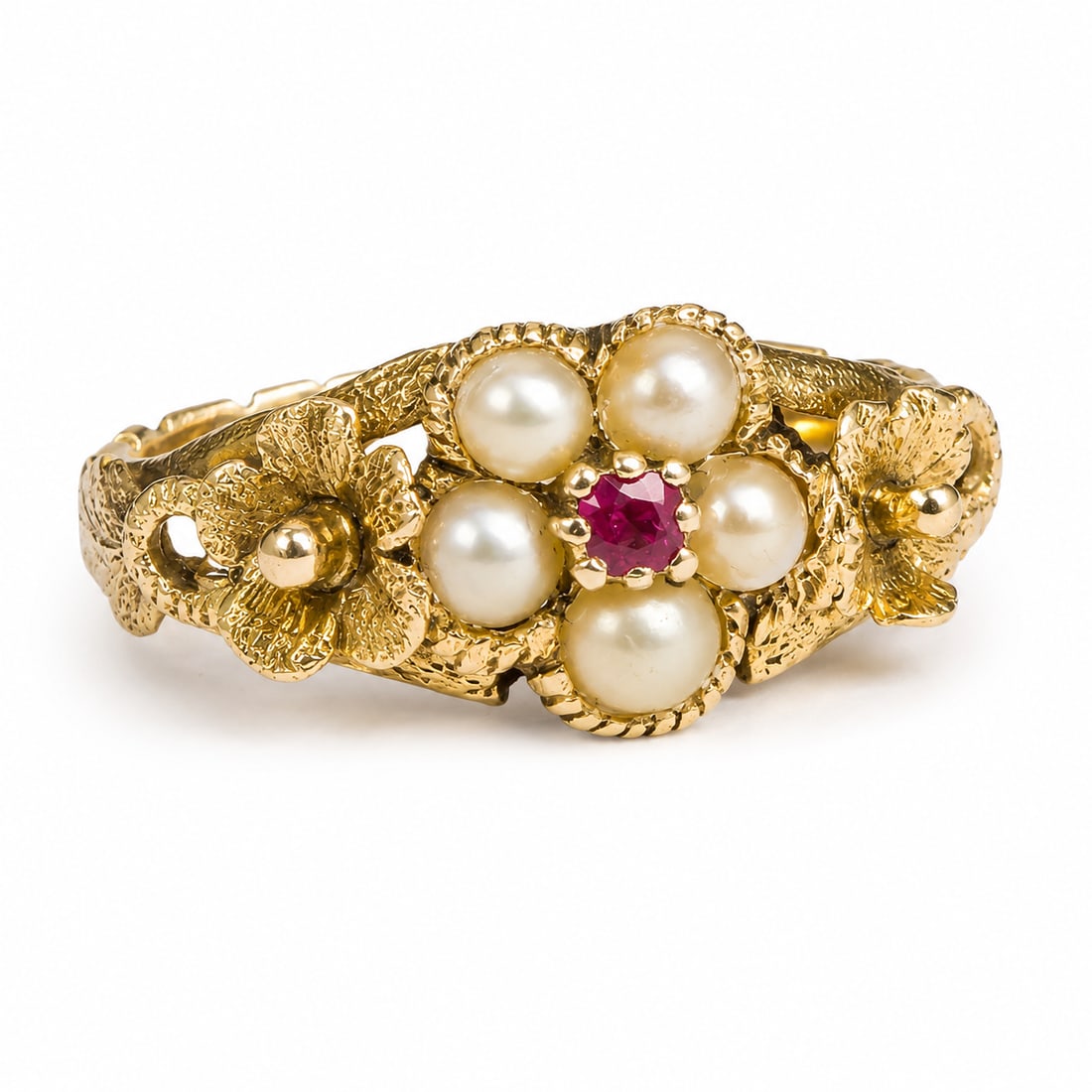 SWEET ANTIQUE RUBY AND PEARL CLUSTER RING: SWEET ANTIQUE RUBY AND PEARL CLUSTER RING,testing 18 ct. gold.Lovely ruby.Nice relief detailed shank.Size L 1/2.