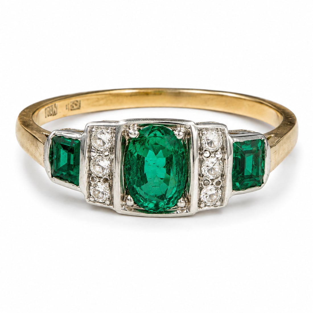 ART DECO EMERALD AND DIAMOND RING: ART DECO EMERALD AND DIAMOND RING high carat gold and platinum rich vibrant matching emeralds lively diamonds size L