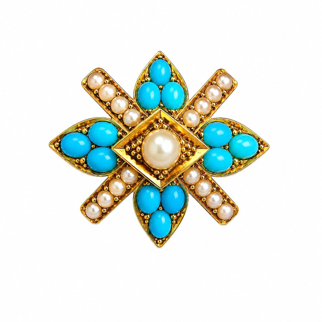 VICTORIAN TURQUOISE AND PEARL BROOCH: VICTORIAN TURQUOISE AND PEARL BROOCH,5,1 grams, testing 15 ct. gold.Lovely turquoise and pearls.W. 2.5 cm.