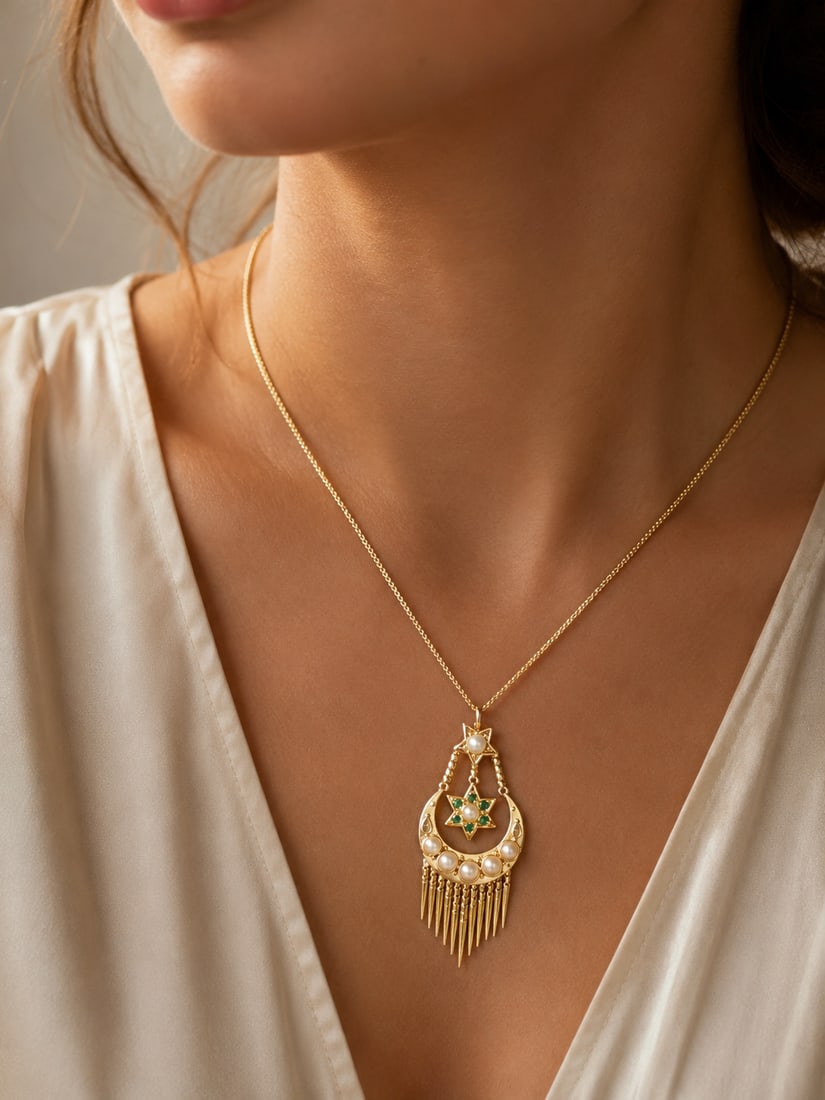 LOVELY VICTORIAN EMERALD AND PEARL STAR AND CRESCENT PENDANT WITH GOLD CHAIN NECKLACE: LOVELY VICTORIAN EMERALD AND PEARL STAR AND CRESCENT PENDANT WITH GOLD CHAIN NECKLACE,8.7 grams.Rich and vibrant emeralds.Lovely pearls.L. pendant 5.2 cm.L. necklace 60 cm.