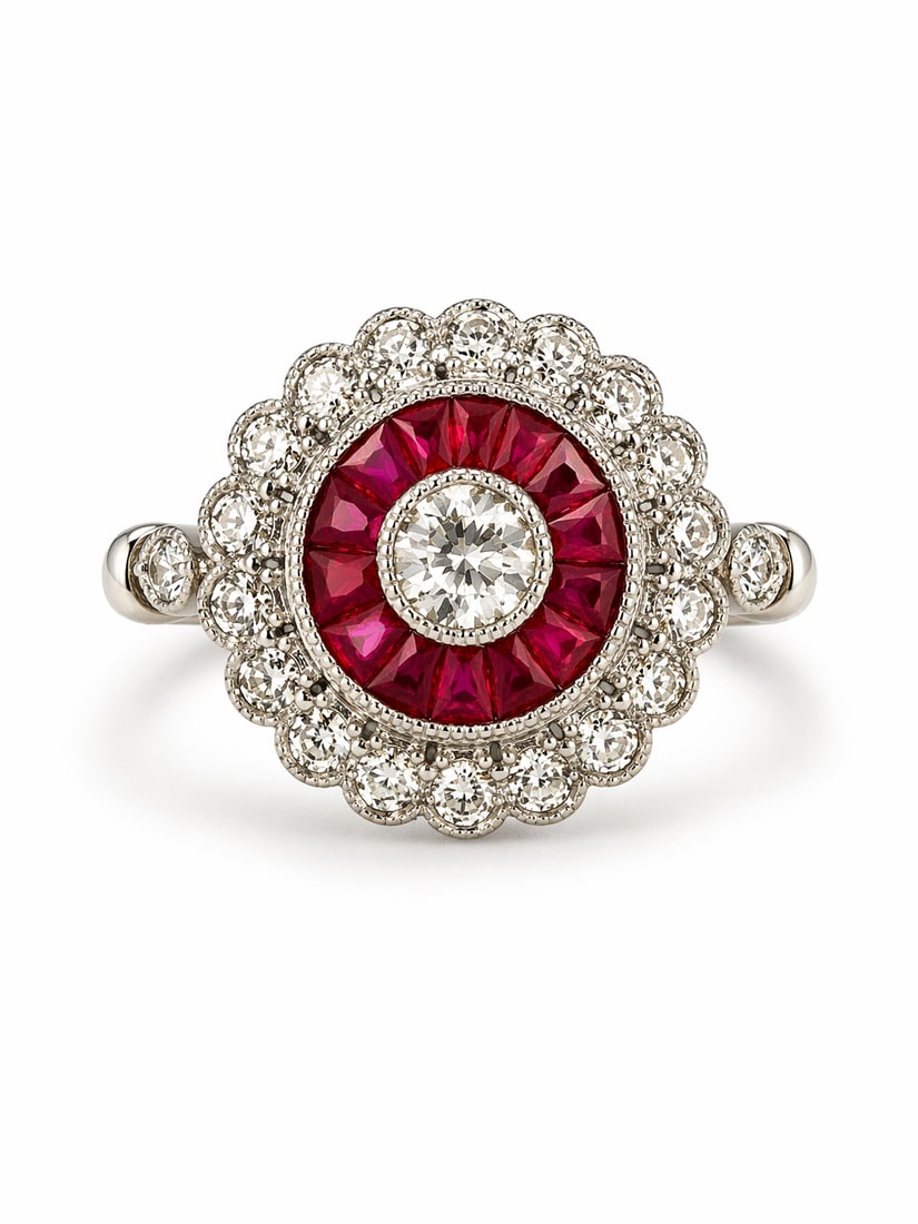 ART-DECO RUBY AND DIAMOND TARGET CLUSTER RING: ART-DECO RUBY AND DIAMOND TARGET CLUSTER RING,4,3 grams, testing 18 ct. gold.Diamonds bright and lively.Rich and vibrant calibre cut rubies.Size M.