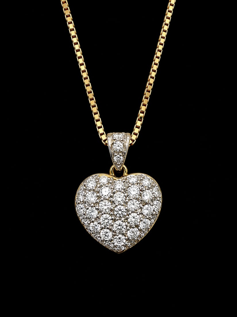 DIAMOND HEART PENDANT WITH CHAIN NECKLACE: DIAMOND HEART PENDANT WITH CHAIN NECKLACE,9.6 grams, testing 18 ct. gold.Diamonds bright and lively.L. pendant 2.1 cm.L. necklace 59 cm.