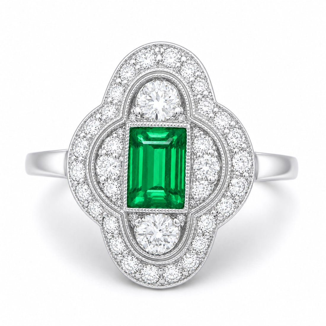 ART-DECO EMERALD AND DIAMOND CLUSTER RING: ART-DECO EMERALD AND DIAMOND CLUSTER RING,3,7 grams, testing high carat gold and platinum.Rich and vibrant emerald.Diamonds bright and lively.L. head 1.8 cm.Size M.